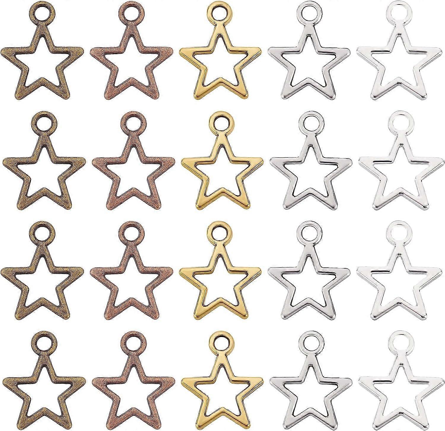 250Pcs Hollow Star Pendants 5 Color Tibetan Pentagram Charms Open Back Bezel Star Pendants