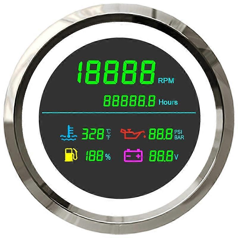 HD 6 In 1 85mm LCD Multi-Function Water Temperature Gauge Tachometer Fuel Gauge Oil Pressure Voltmeter Hour Meter For Boat Car