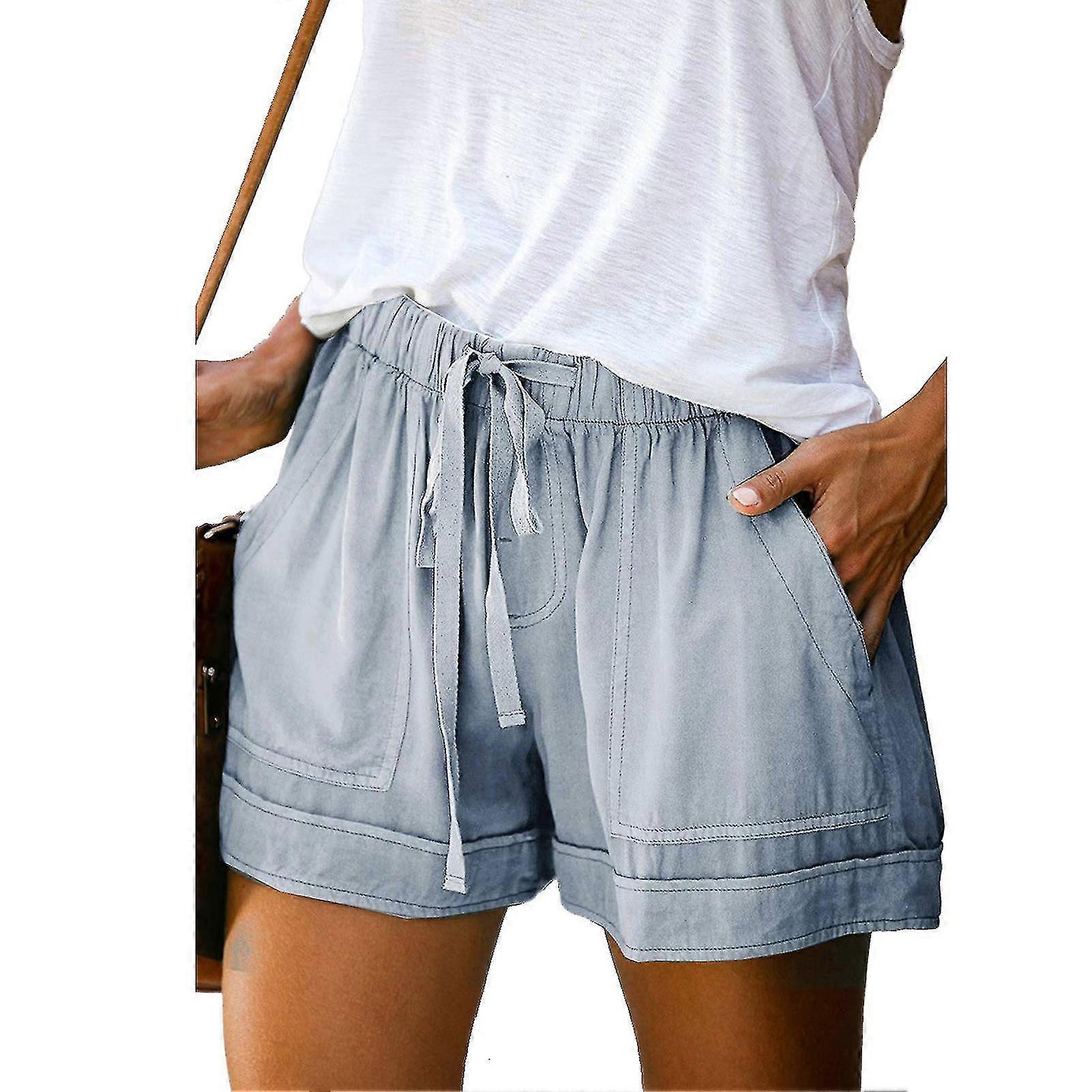 Women Summer Shorts Elastic Waist Drawstring Closure Medium Waist Casual Style Shorts With Side Pockets Casual Beach Pants