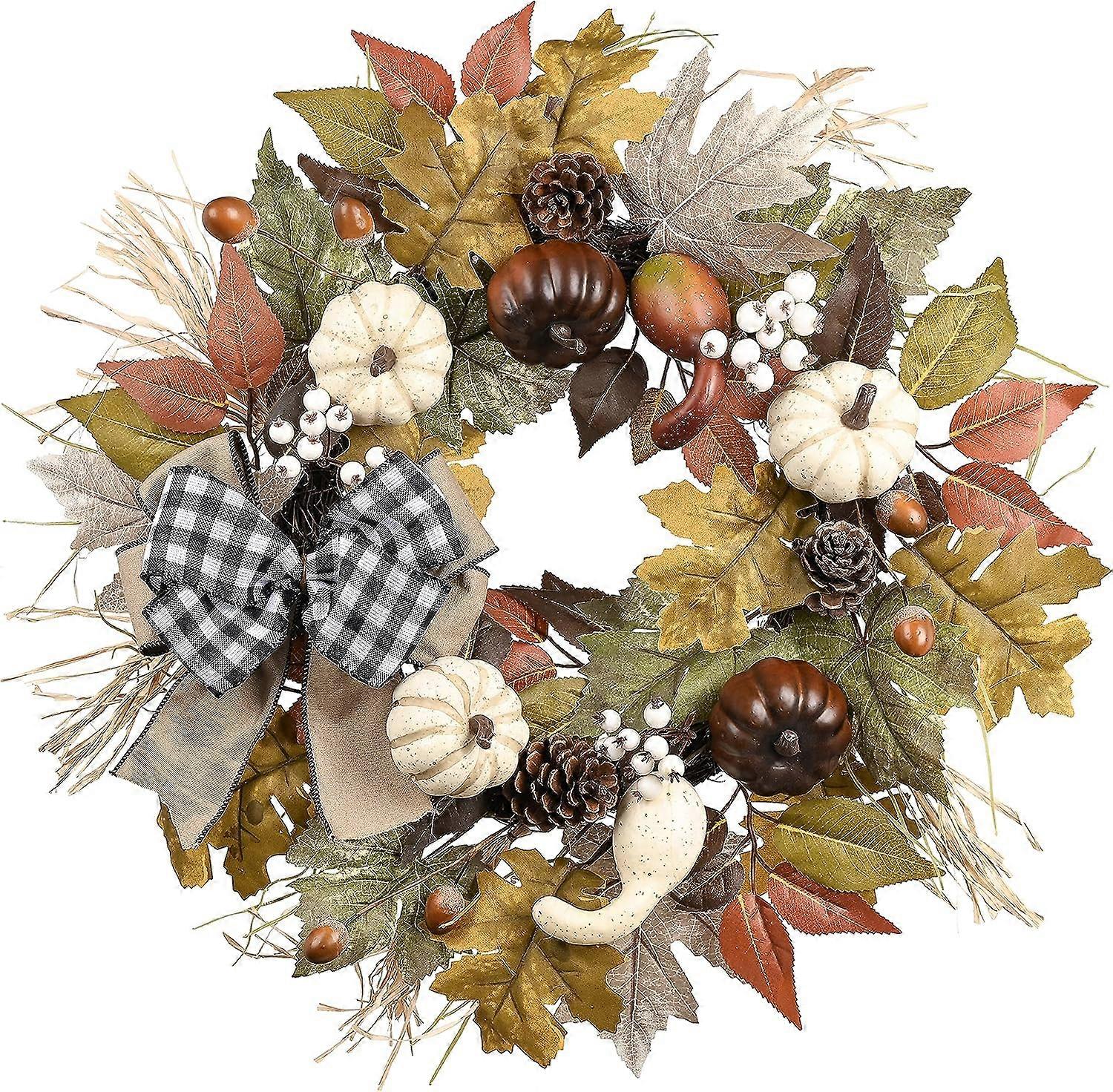 45cm Fall Door Wreath with Artificial Pumpkin Maple Leaf Wall Garland Fall Door Wreath Halloween and Thanksgiving Party Decoration