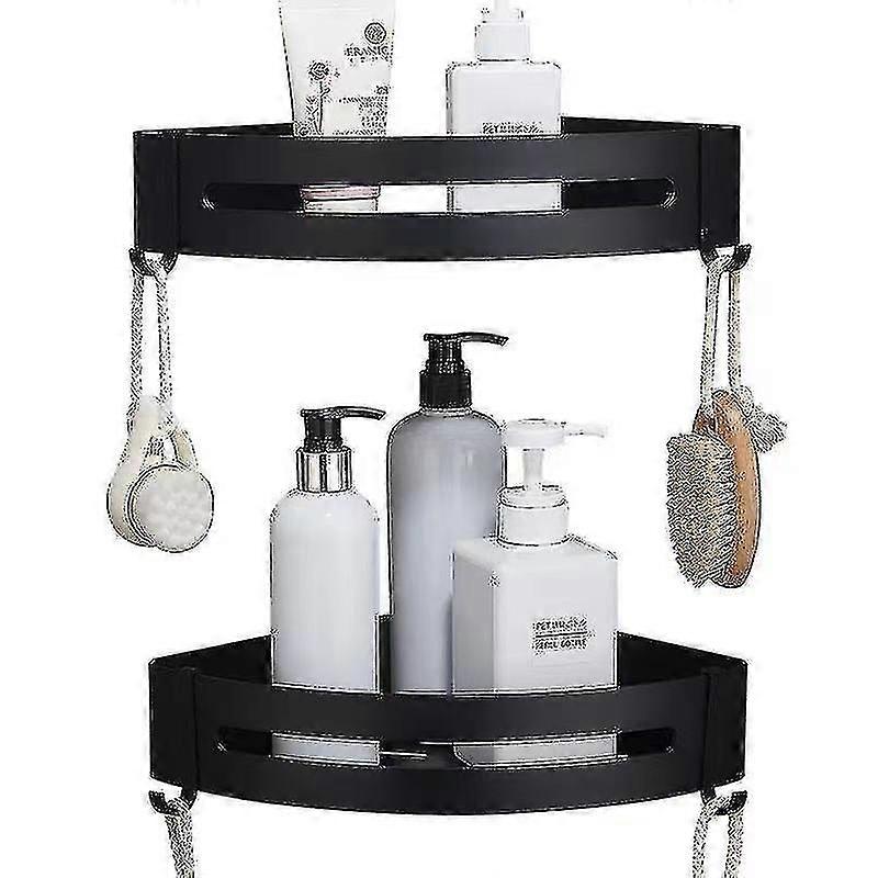 2er-Pack kein Bohren selbstklebender wandmontierter Badezimmer-Duschablage Aufbewahrungsorganisator mit 4 Haken (schwarz)-MXBC