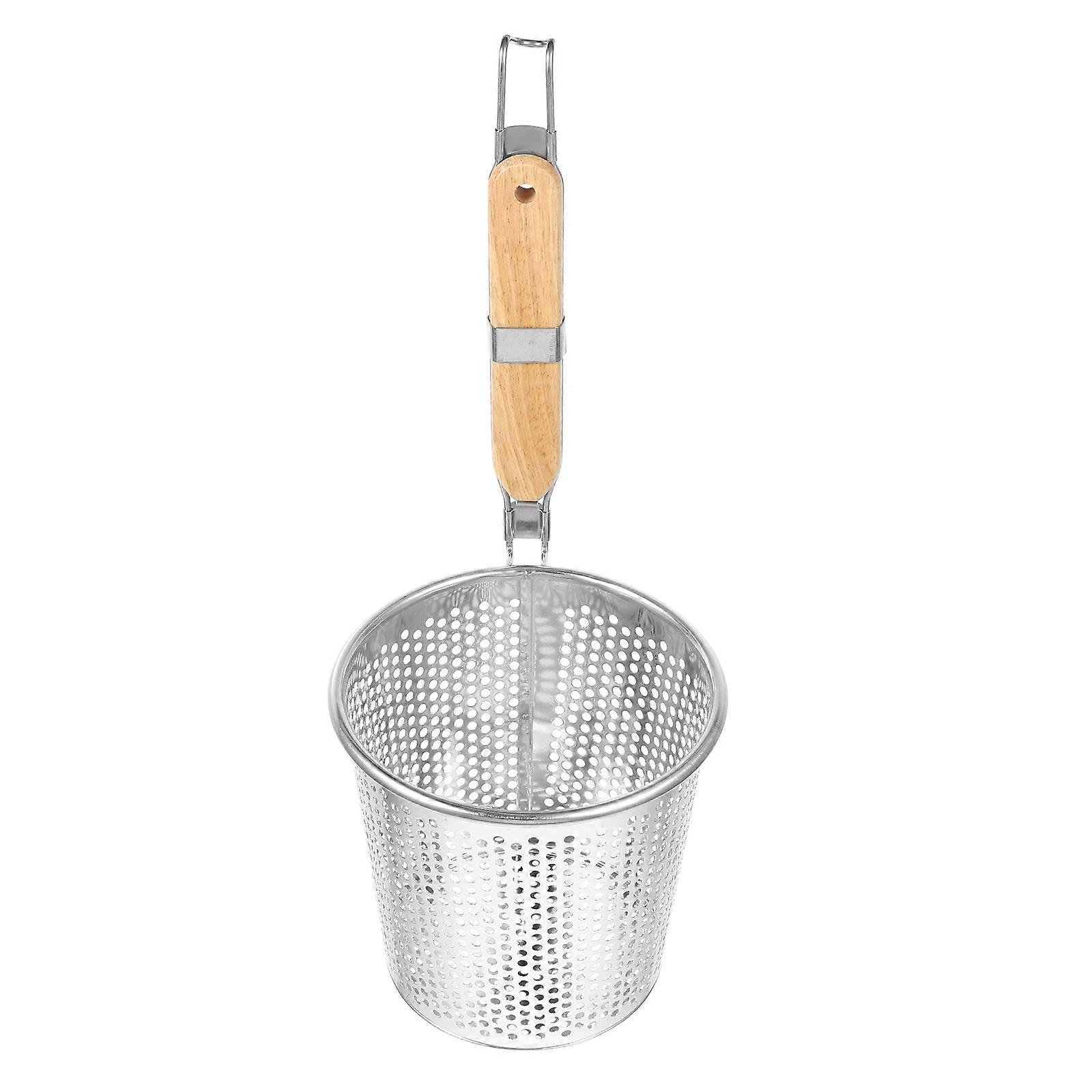 Rustfrit stål sil kurv træ håndtag fint mesh edderkop mad skimmer køkken sigte til pasta dumpling noodle (16cm)