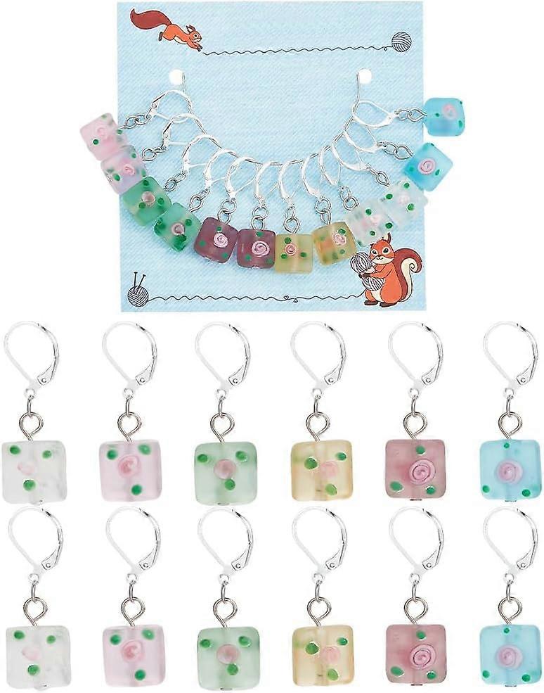 12 Pcs 6 Colors Square Flower Stitch Markers Handmade Frosted Lampwork Knitting Stitch Markers Removable Leverback Hook Locking Stitch Marker for Knit