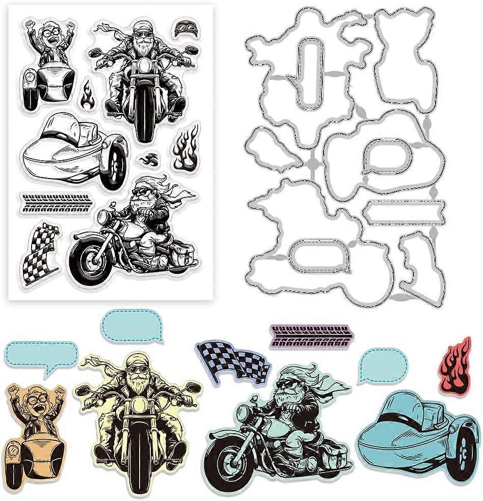 Motorcycle Clear Stamps Punk Speedster Flame Frame Cutting Dies Set Silicone Transparent Stamp Metal Die Cuts for Card Making and DIY Embossing Scrapb