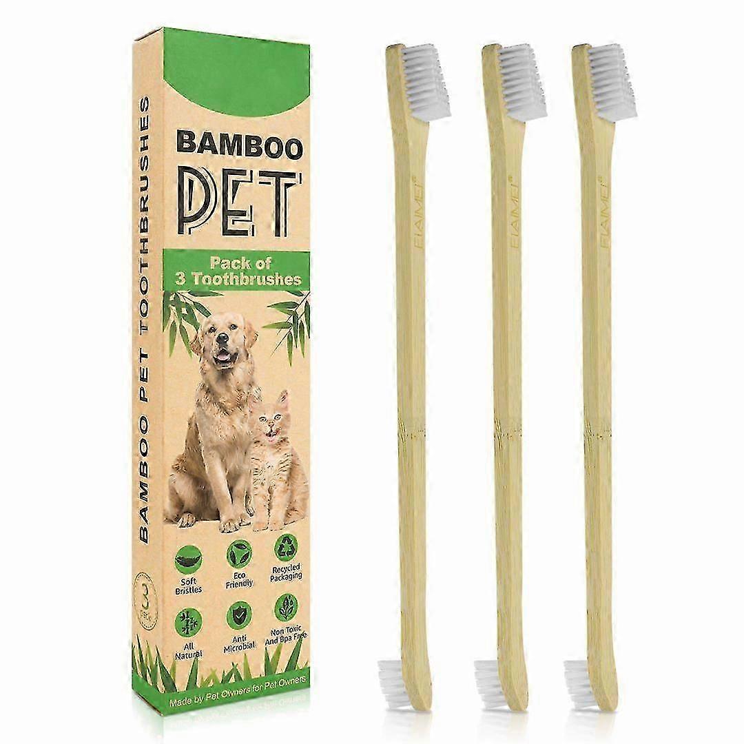 Pet Toothbrush Cleaning Pet Oral Cat Dog Double Head Long Handle Bamboo Toothbrush - 3 Pack - For Dogs, Cats and Pets