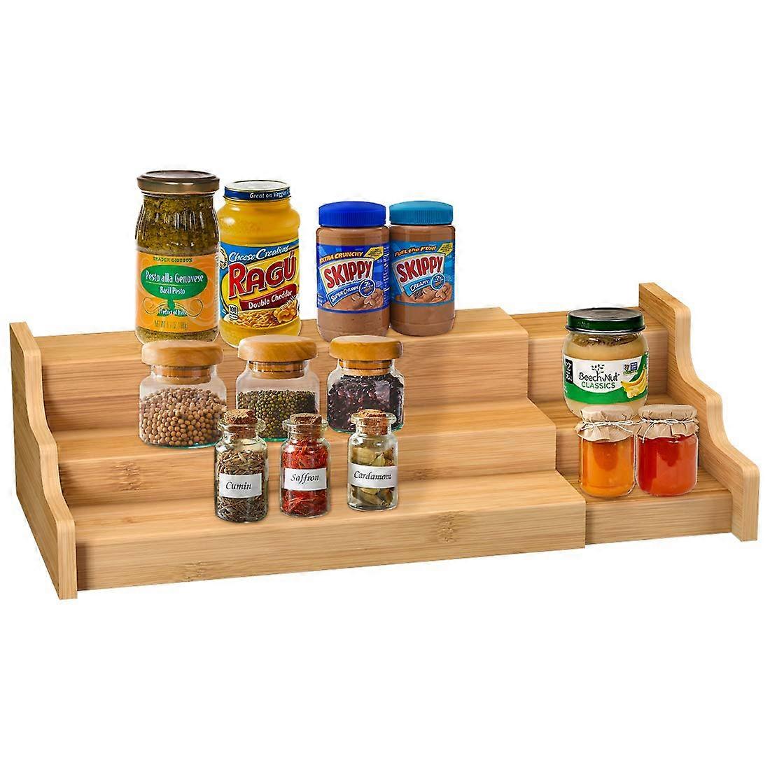 3 Tier Expandable Bamboo Spice Rack Organizer with Adjustable Shelves and Natural Finish for Kitchen Cabinet Storage