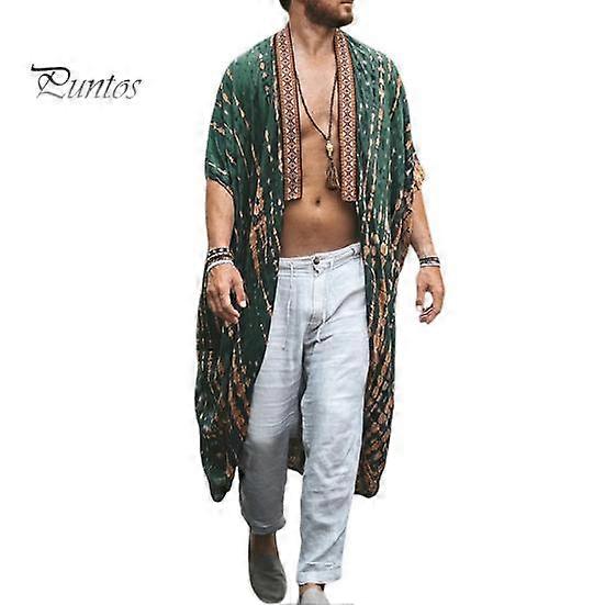 Men Beach Coat Retro Style Mid-Length Loose Fit Printing Sun Protection Jacket Open Front Long Outwear