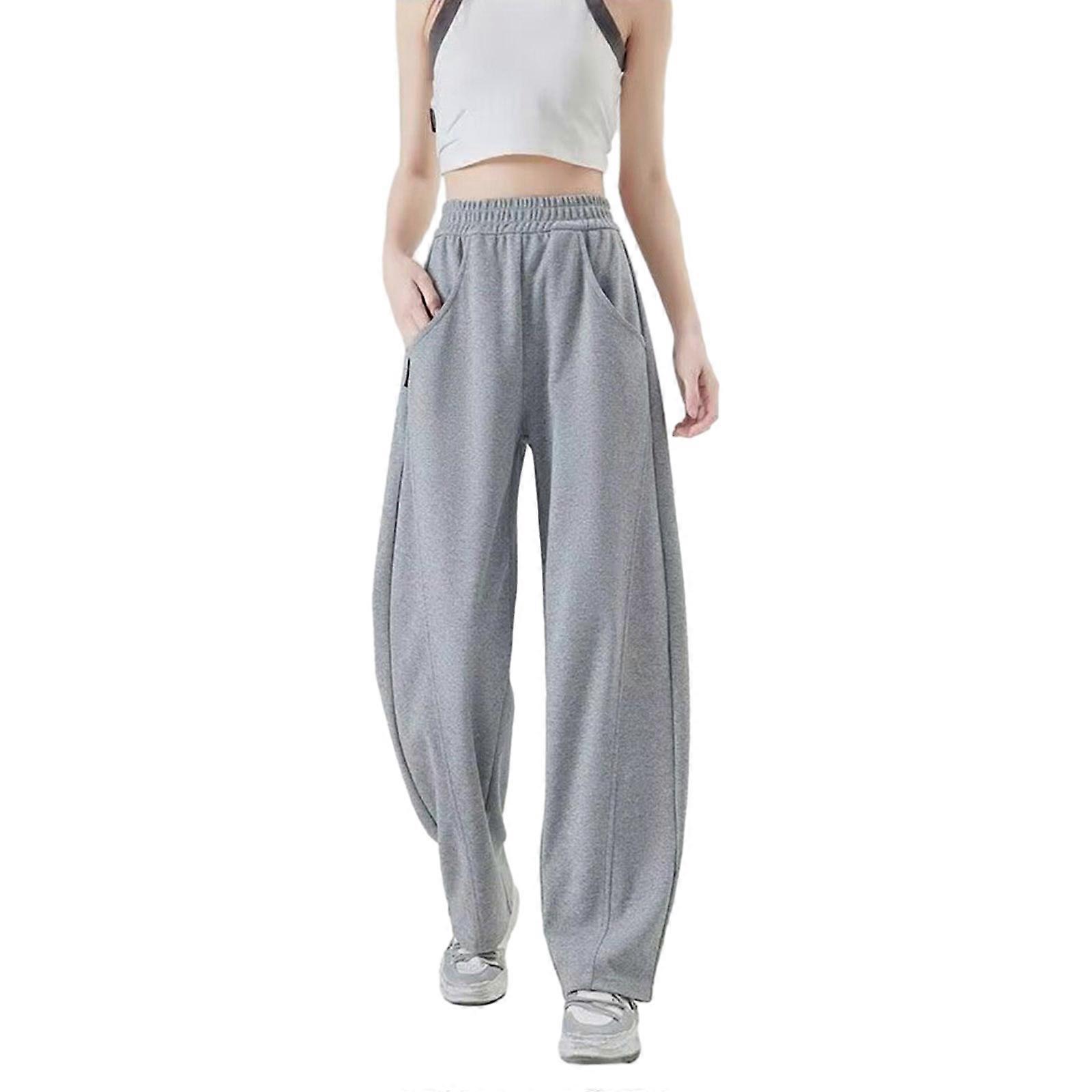 Womens Solid Färg Vida Ben Byxor Sweatpants Vår Höst Raka Byxor Lounge Pant Joggingbyxor Byxor Ljusgrå XL