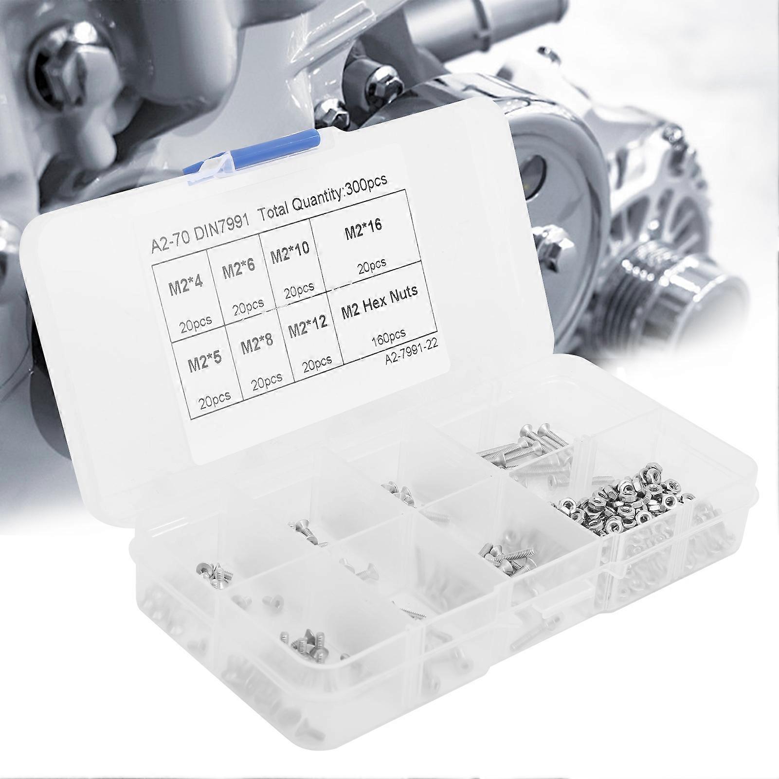 300pcs M2 Stainless Steel Hex Screw & Nut Set Countersunk Silver