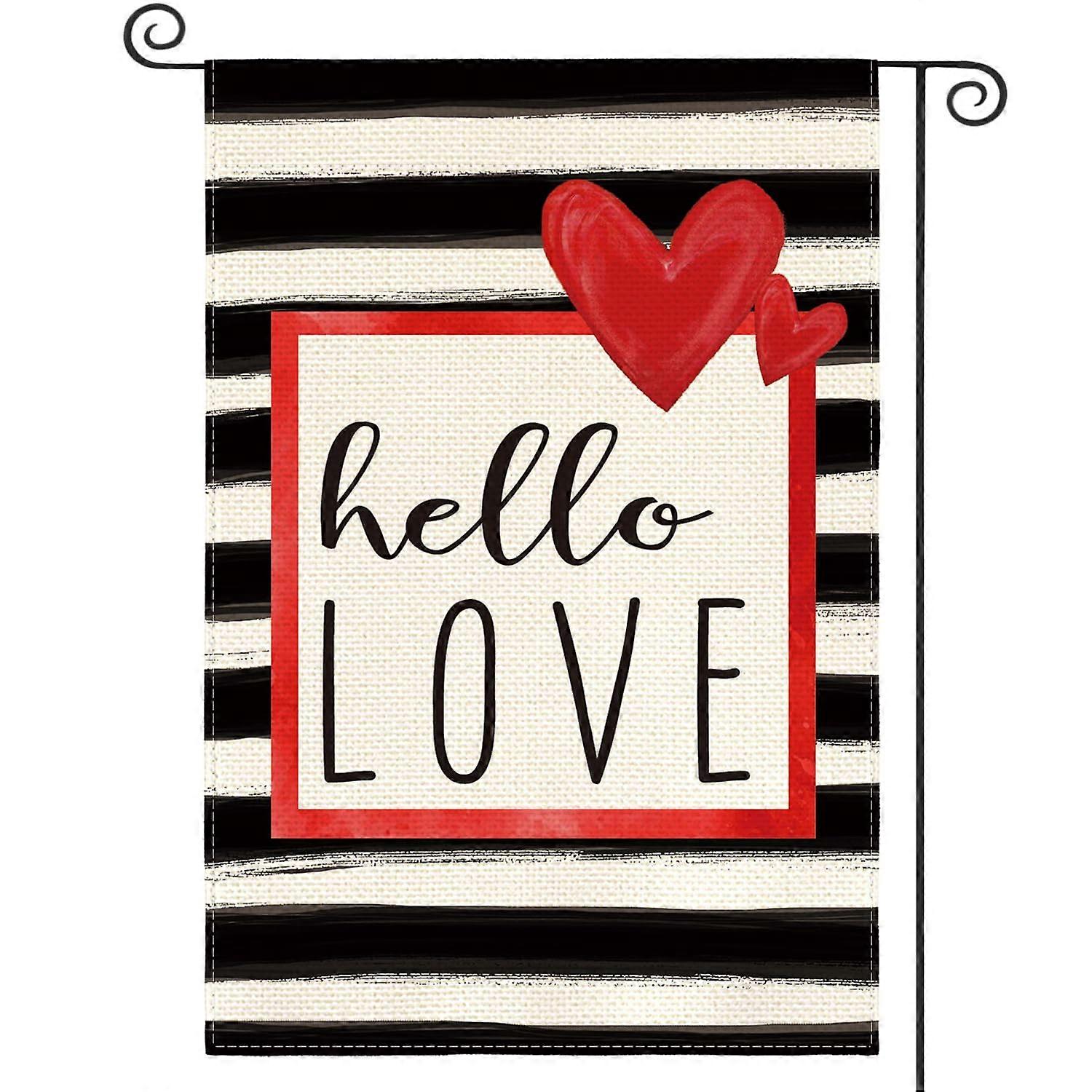 Hello Love 情人节花园旗户外双面水彩条纹周年纪念花园外饰 12x18 英寸
