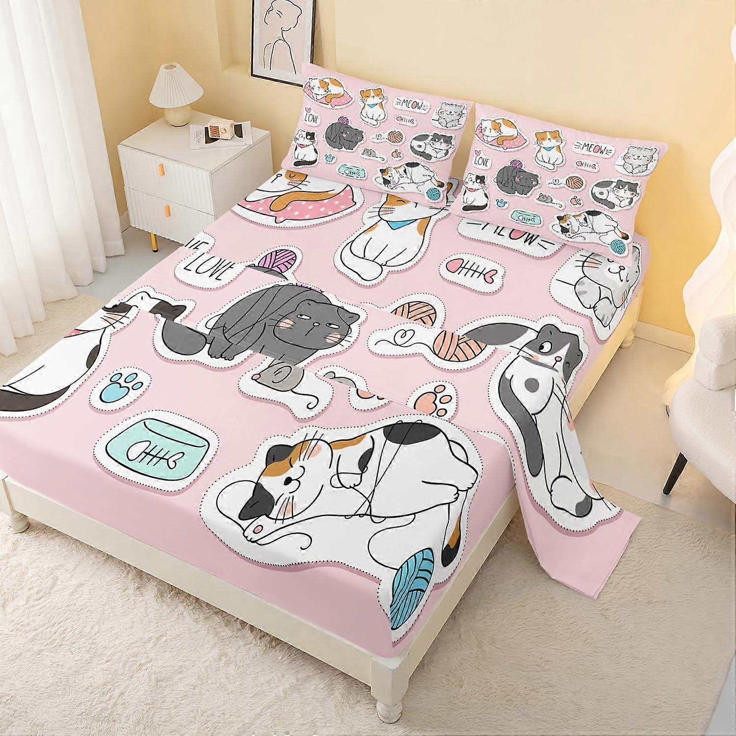 Cat Fitted Sheet Twin Size Bedding Set, Kawaii Cartoon Cat Design with 1 Flat Sheet & 2 Pillow Cases for Kids and Teens