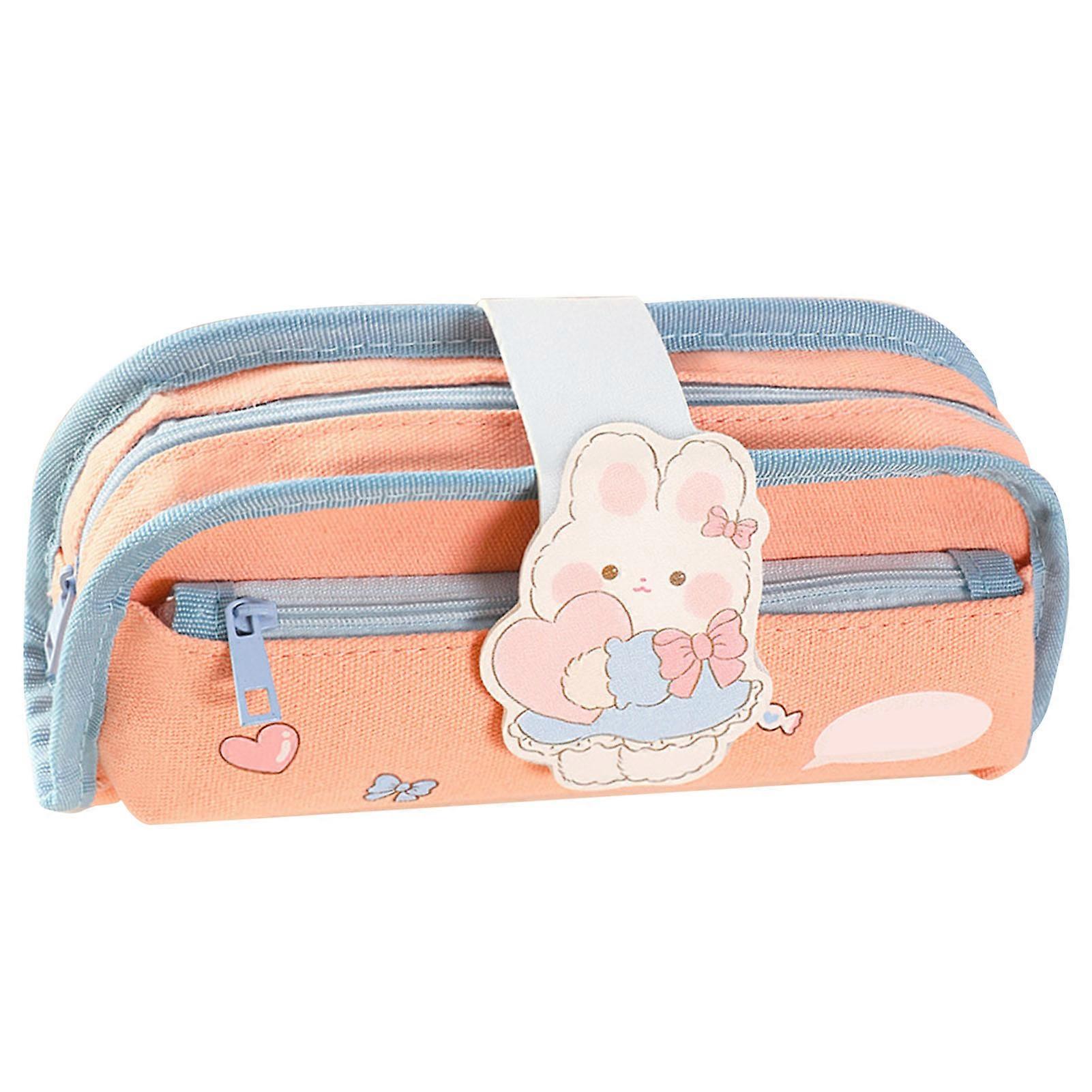 Cute Double Layer Canvas Pencil Bag, Large 21.5x10.5x4.5cm, Orange