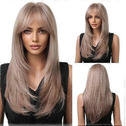 Women's Layered Wig Ombre Gray Wig With Bangs Heat Resistant Synthetic Fiber Wig 24 inch