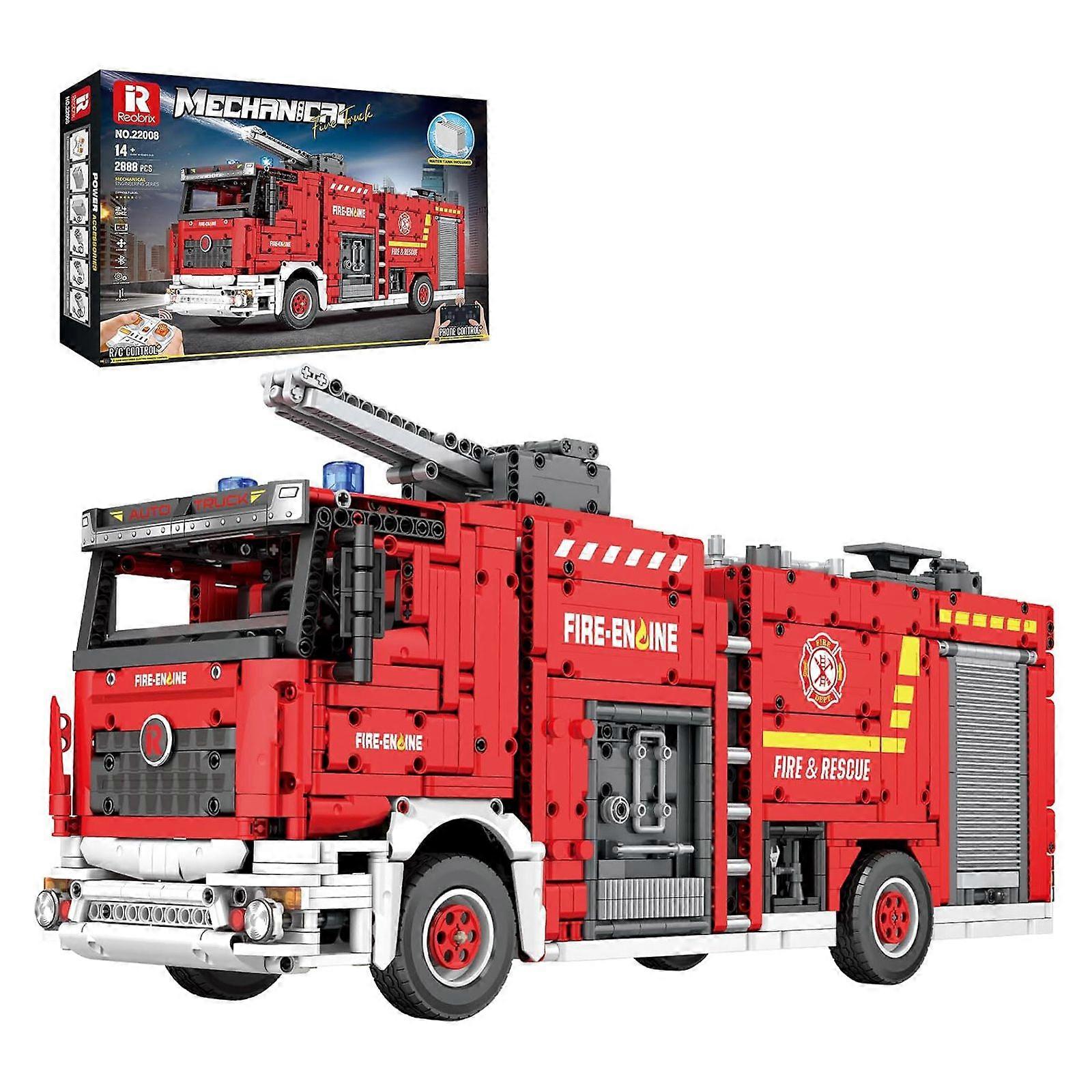 Reobrix 1:20 Scale RC Fire Rescue Truck Building Set, APP & Remote Dual Control with Rotating Turntable Ladder + High-Pressure Water Cannon for Adults