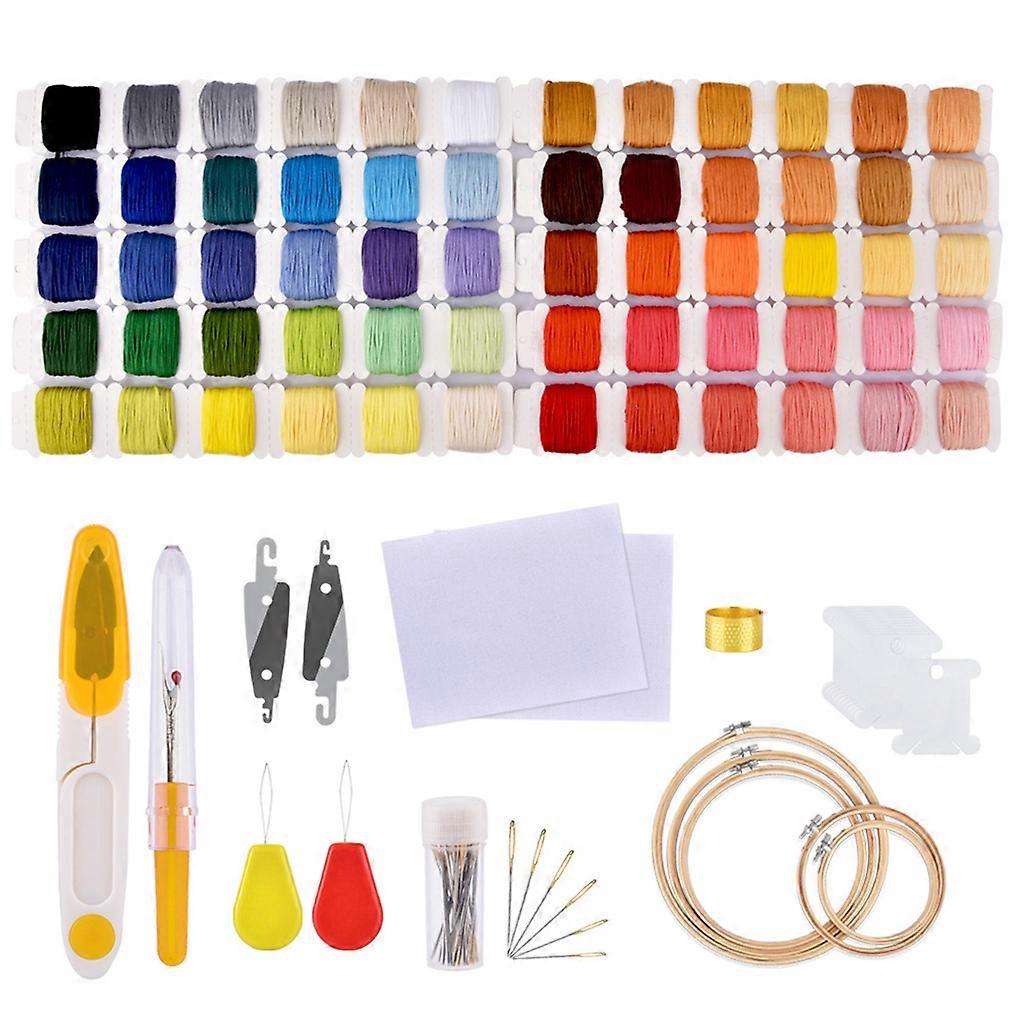 Embroidery Kit 60 Colors Threads Hoop Scissors Thimble for Cross Stitch Tools Se Multicolor