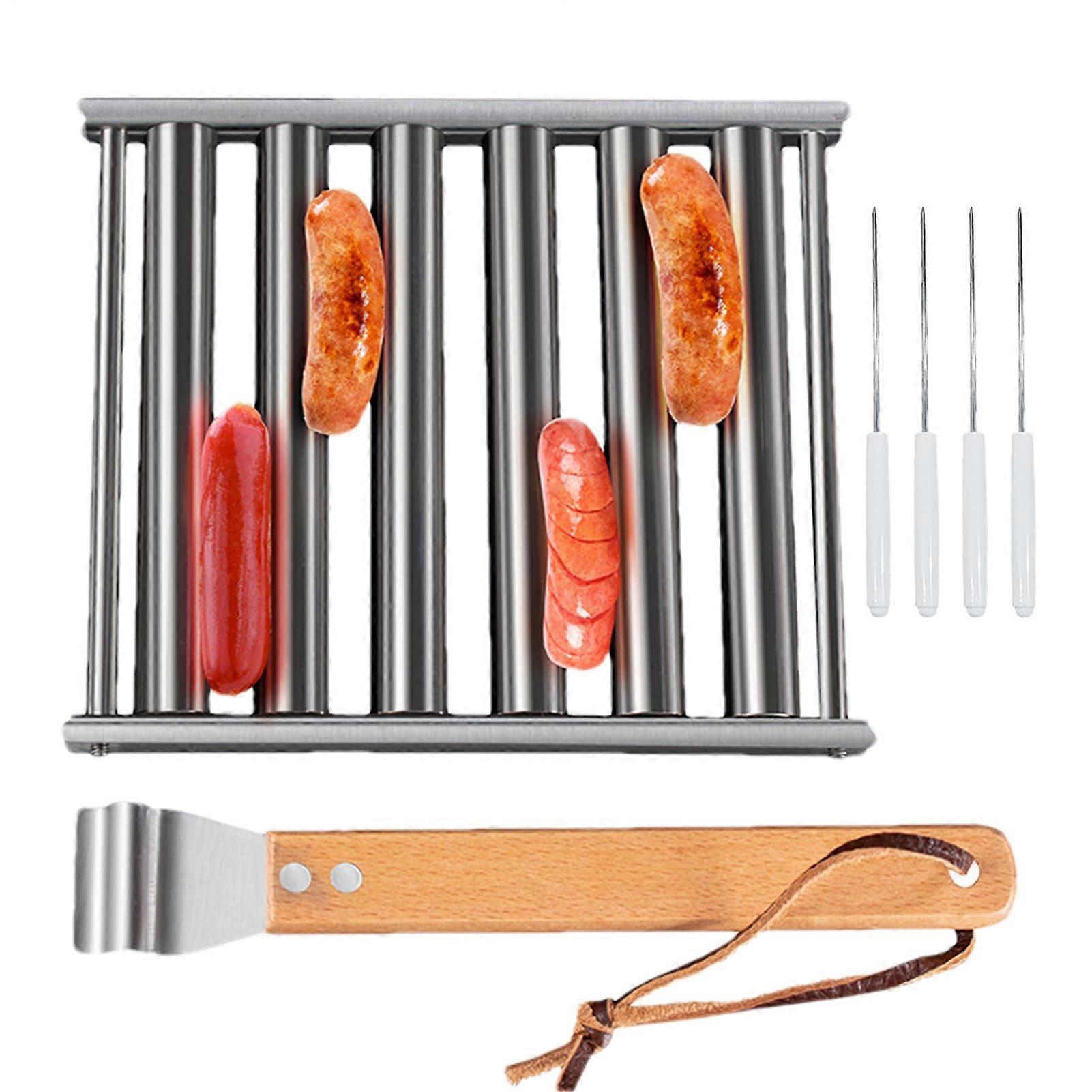 Hot Dog Grill Roller, Stainless Steel Barbecue Tool with Wooden Handle for Bratwurst and Corn on the Cob, Camping BBQ Accessory