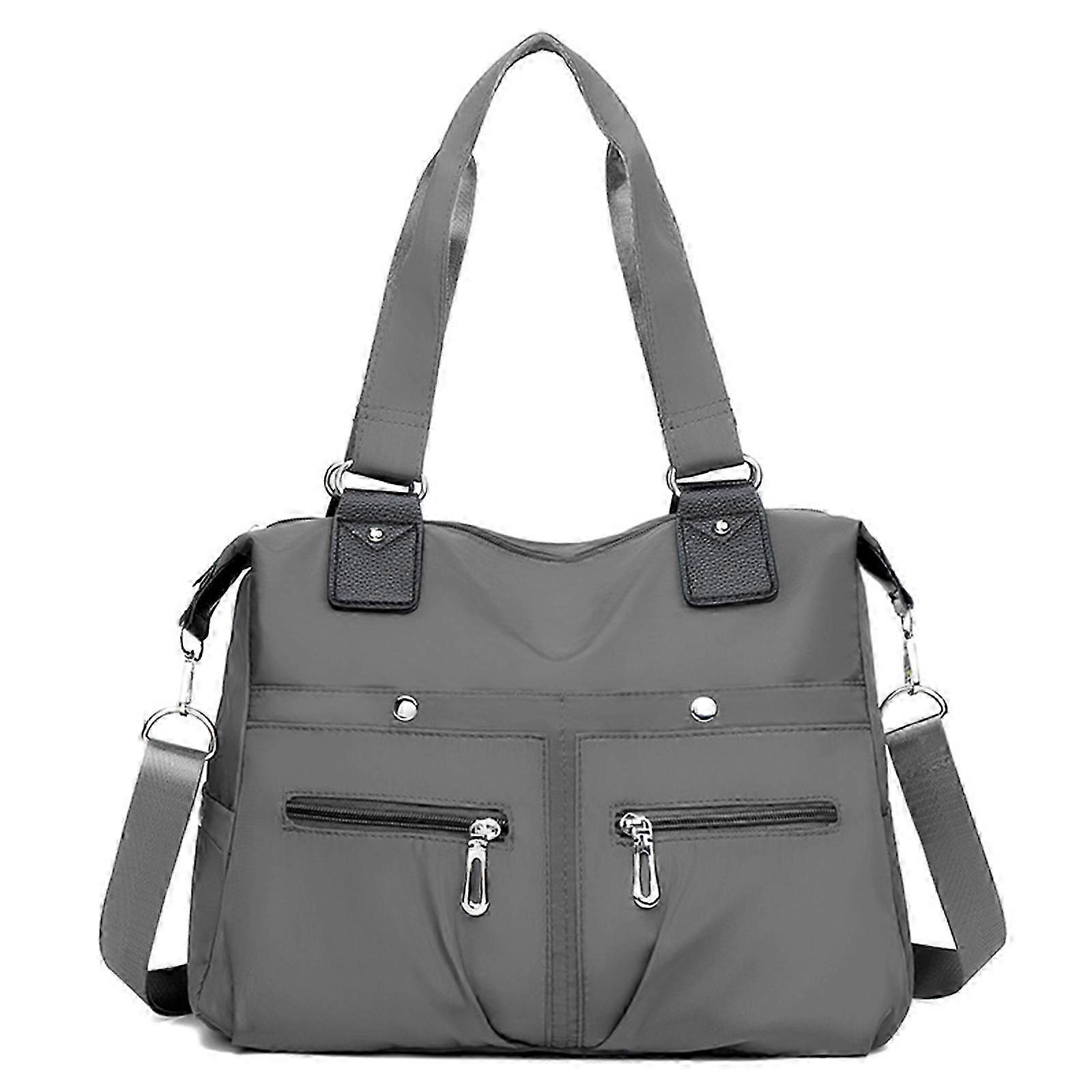 Waterproof Nylon Shoulder Tote Bag with Multiple Pockets - Gray