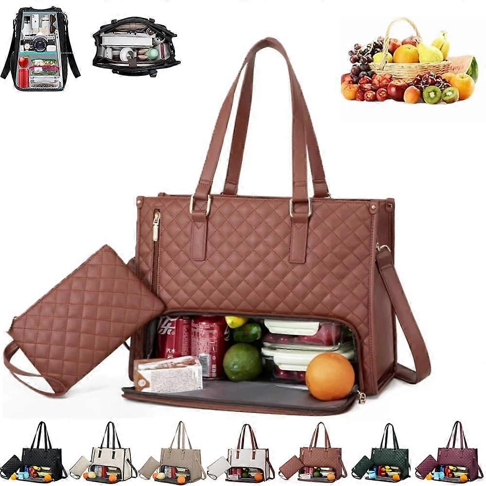 Women's Lunch Bag Insulated Tote With Cooler Compartment, 2-In-1 Lunch Bag For Office, Work Or School, Brown