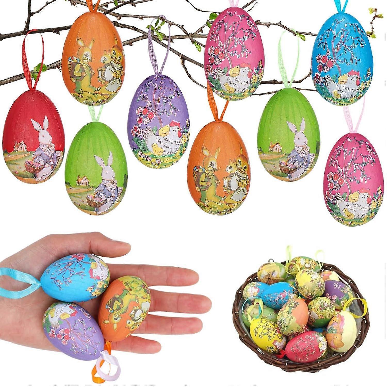 12 Paper Mache Easter Eggs for Kids, Colorful 5x7 cm Decorations with Ribbon, DIY Crafts Featuring Chicks and Rabbits