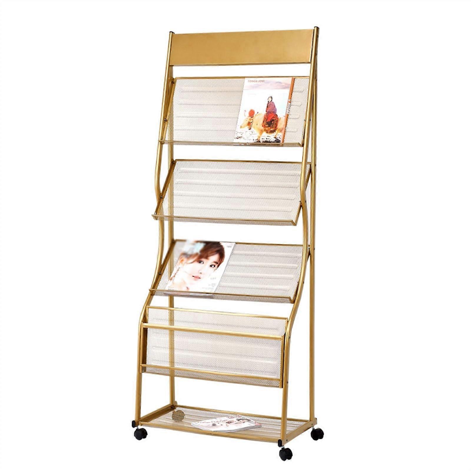 4 Tier Iron Magazine Rack with Wheels, Stylish Gold Floor Standing Brochure Display Holder, Roll Design for Home or Office