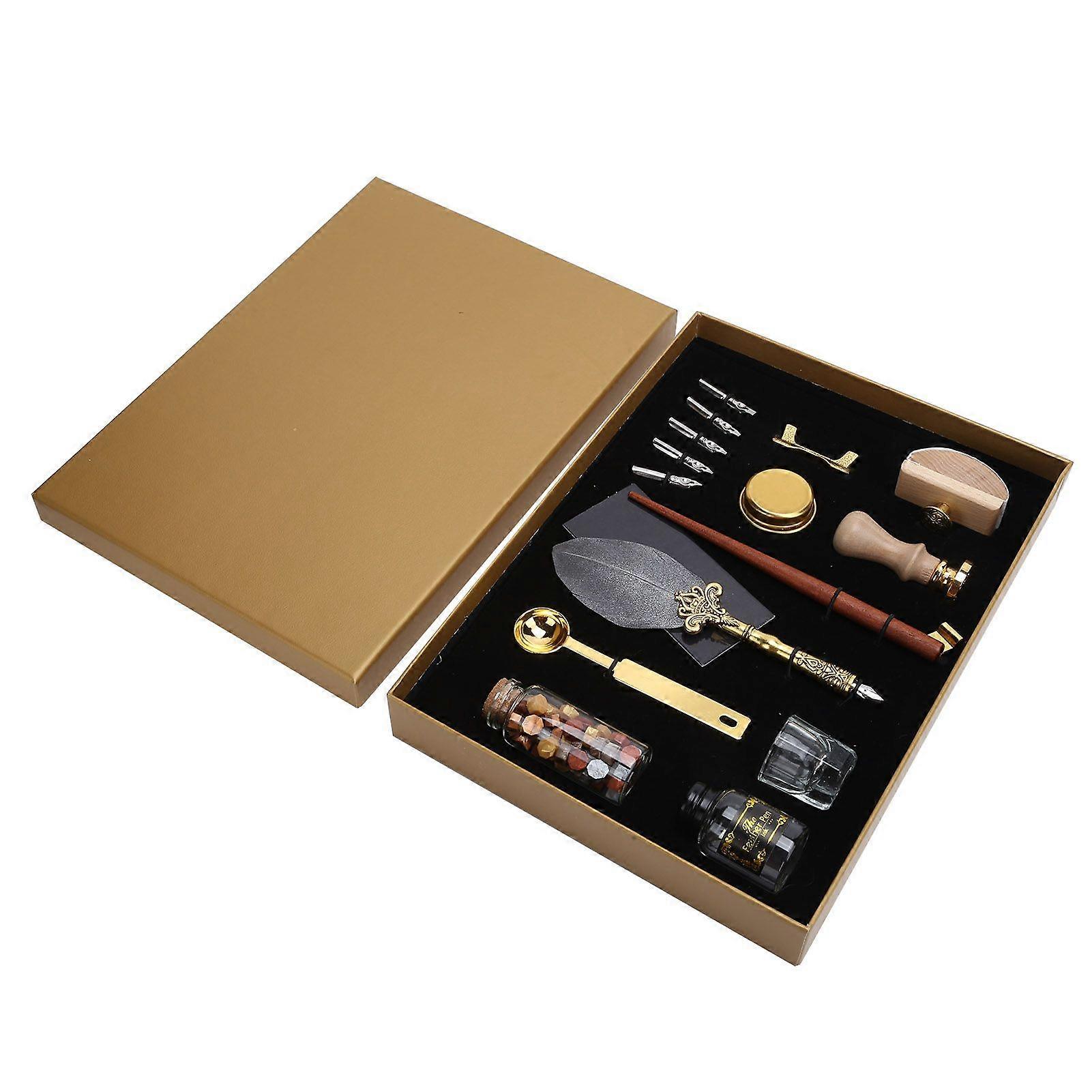 2025 Latest Model Feather Pen Wax Set Quill Dip Writing Ink Stamp Kit Vintage