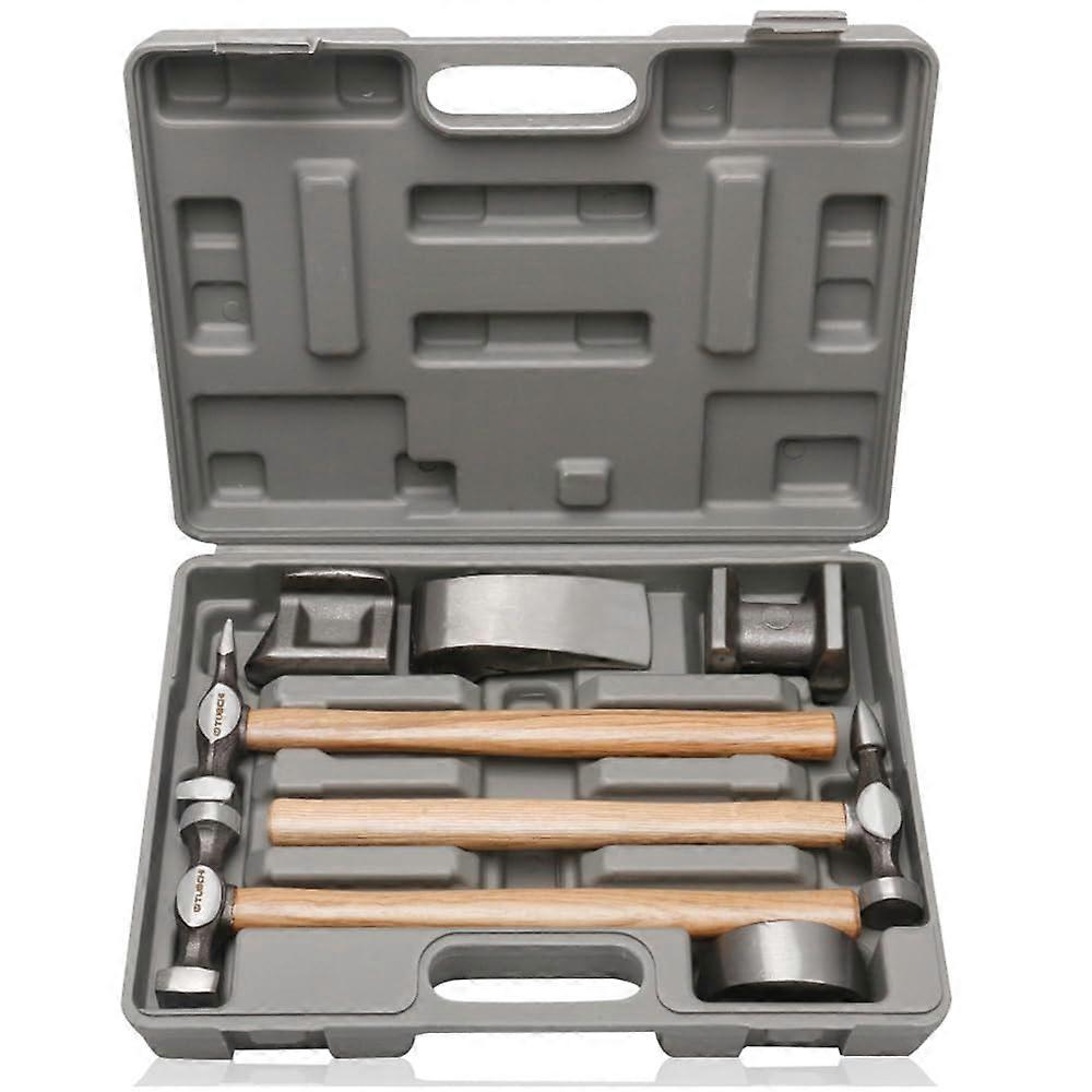 Sheet Metal Hammers Set, 7 Pieces Including Impact Hammer, Shape Block, Wood Handle