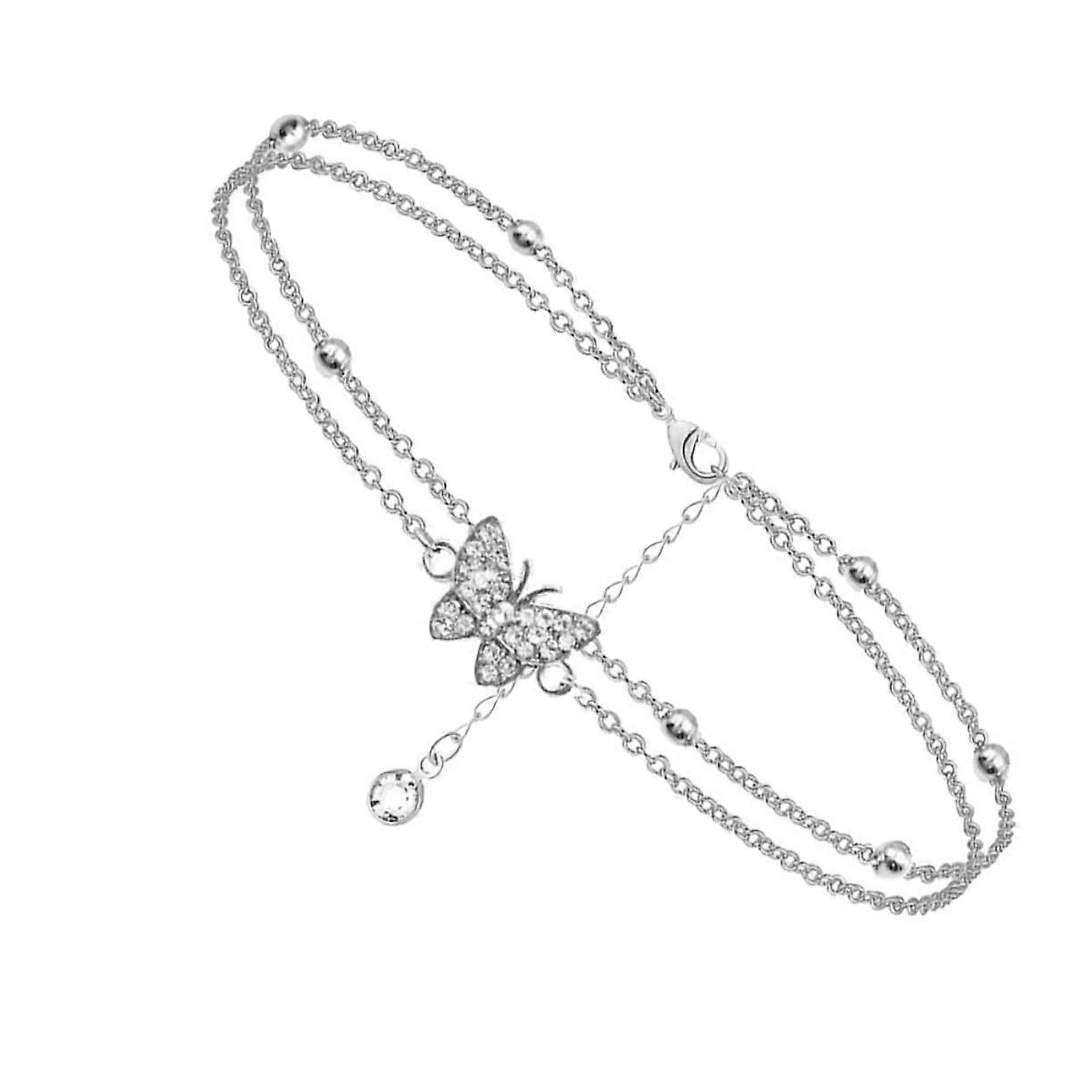 Shiny Anklet With Double-Layer Butterfly Design, One Piece, Adjustable Cubic Zirconia Anklet For Women, Summer Jewelry