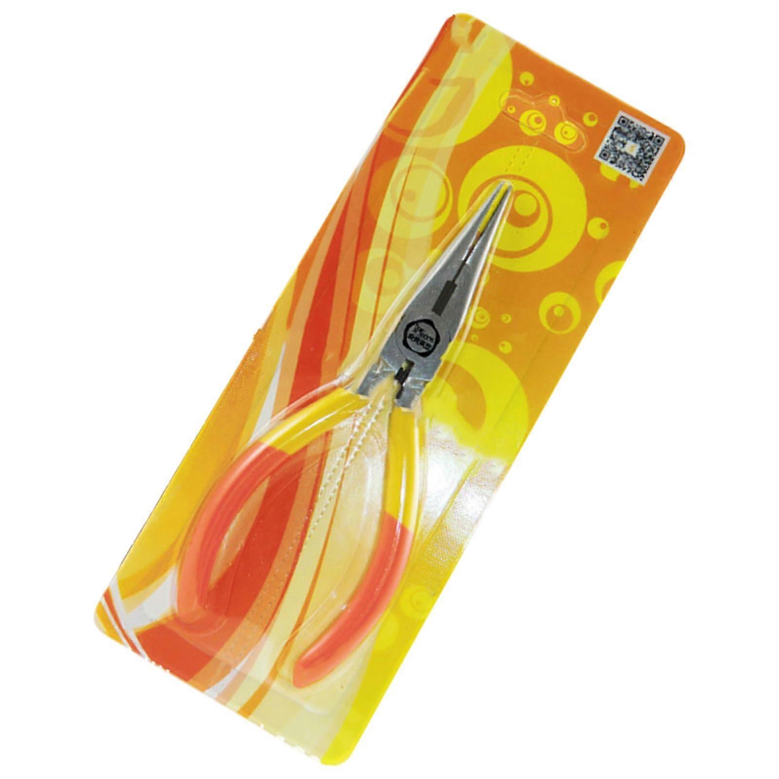 Small 11.4 cm needlenose pliers with ergonomic twocolor grip and simple spring action for hobbyists.