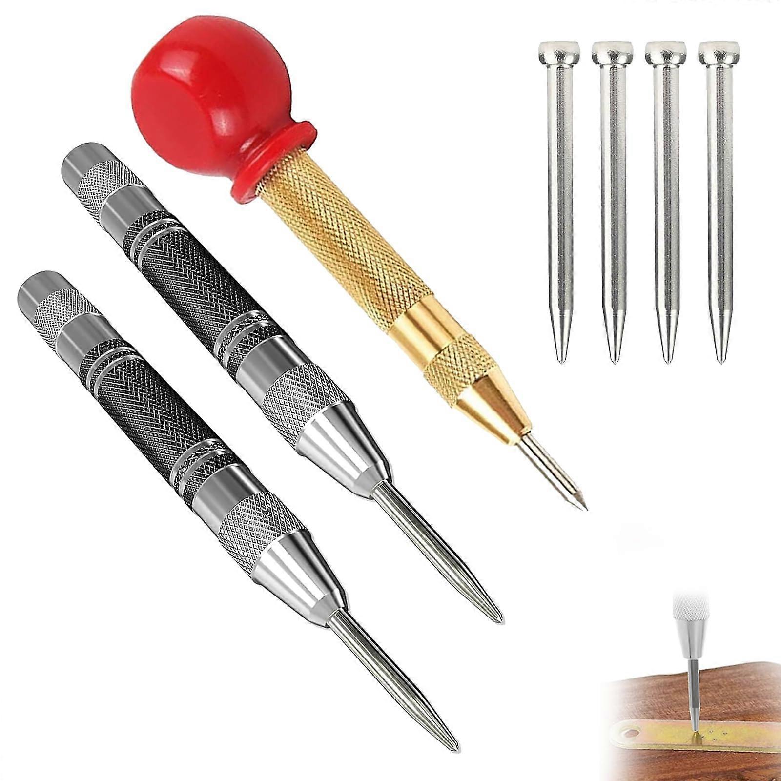 Automatic Centre Punch Set of 3 - Spring-Loaded Self-Striking Punch with Scriber and 3 Replacement Tips for Metal, Wood, Glass