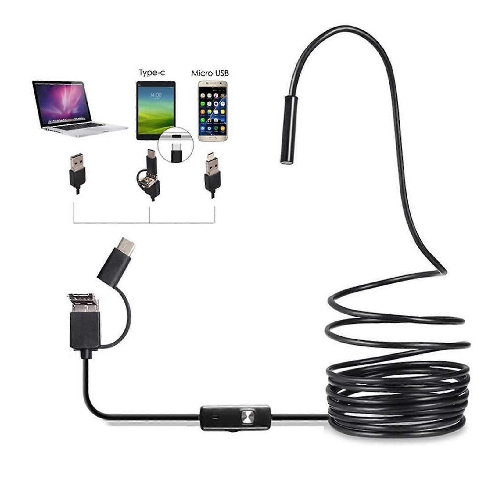 3 in 1 Waterproof Endoscope Inspection Camera with 7mm Lens, 6 LEDs, Micro USB/Type-C/USB Compatibility, 10m Length