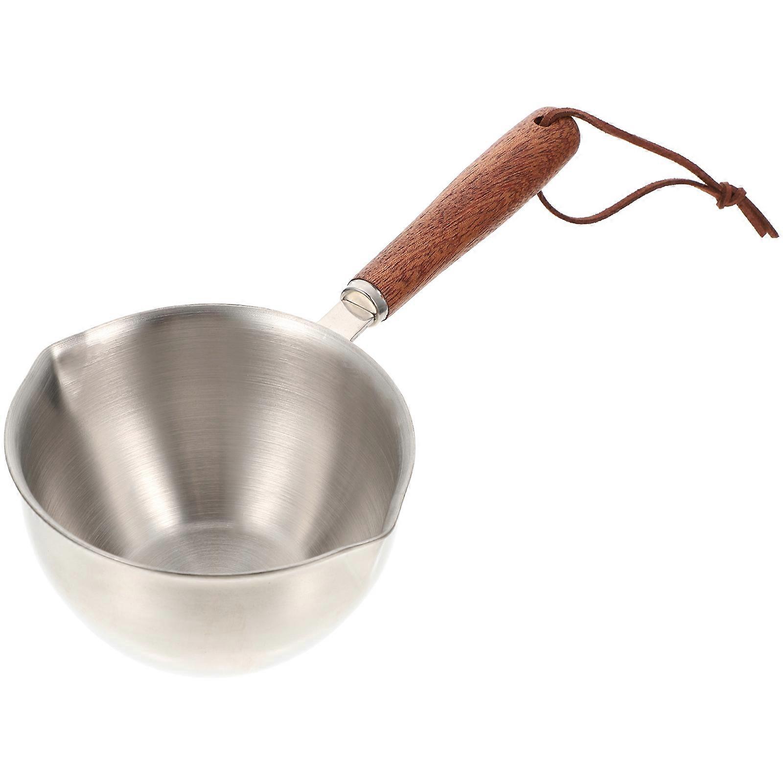 Household Saucepan Metal Reusable Multi-use Cheese Melting Pot Home Cooks Wood Handle Silver 1Pcs