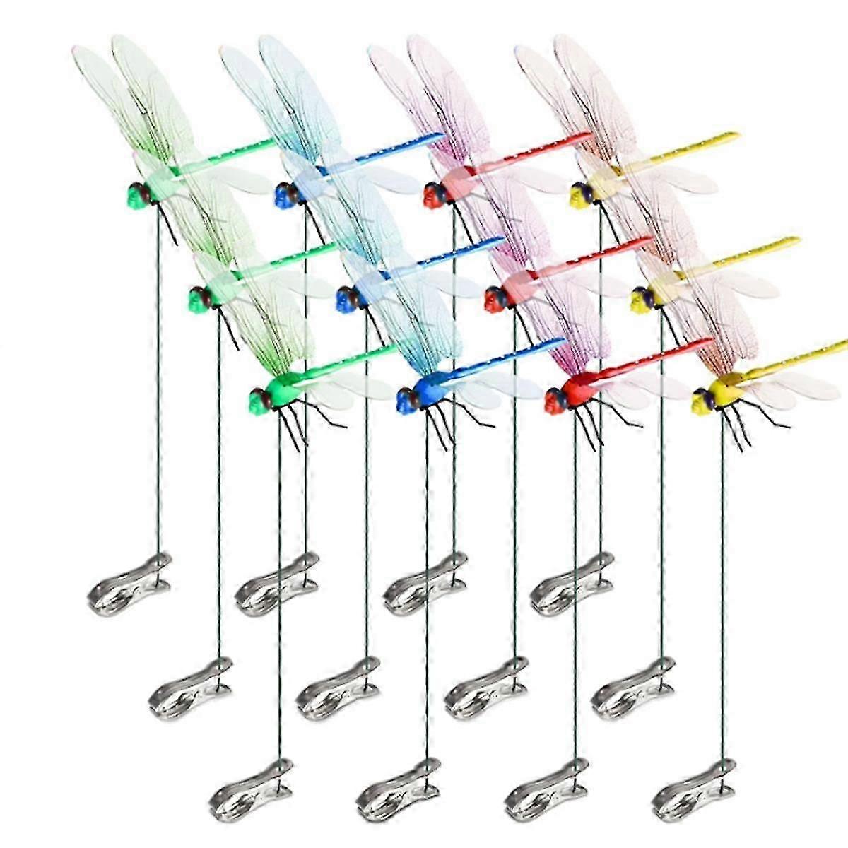 12 Artificial, 3D Dragonfly Pole Clips and Garden Decorative Clips for the Outdoors