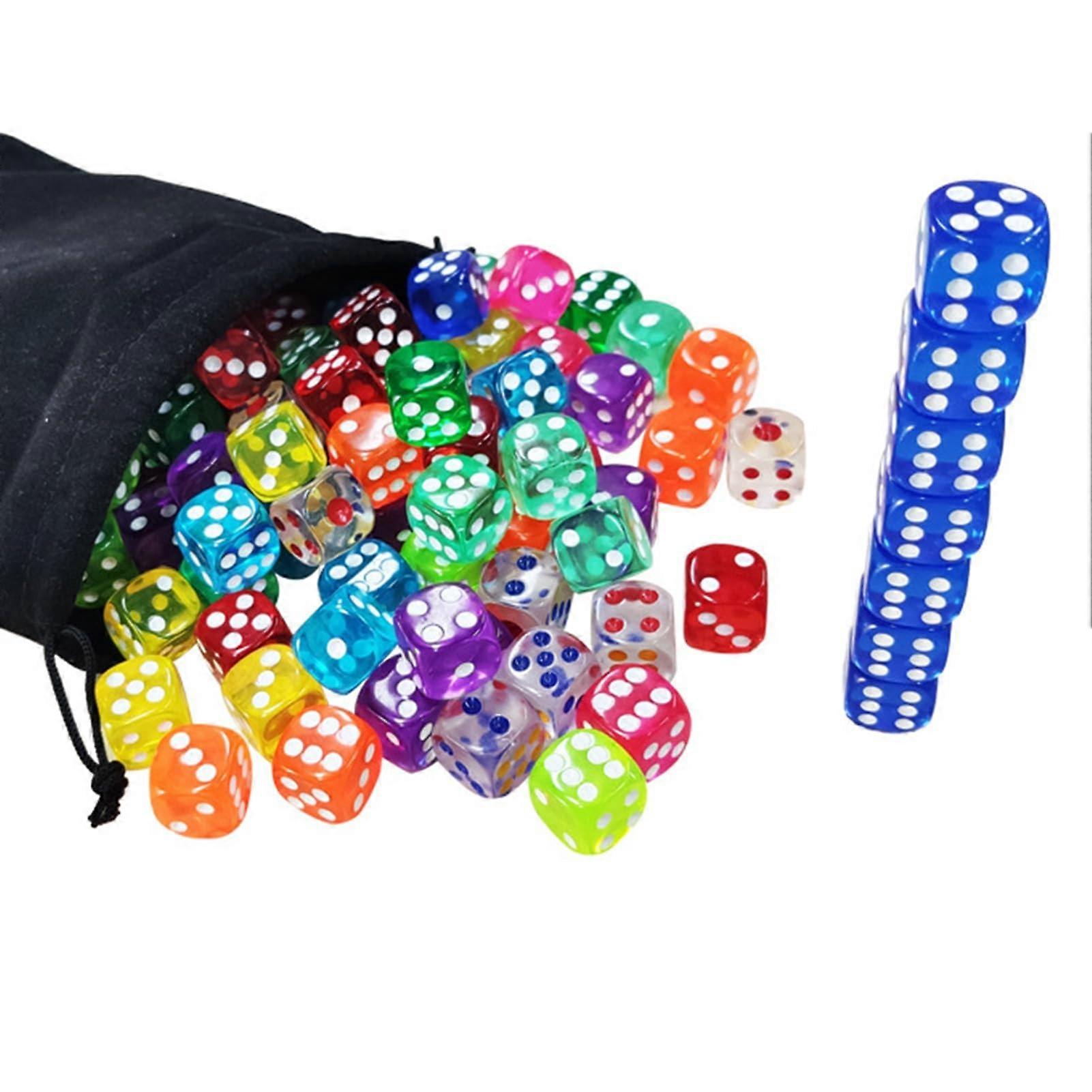 Assorted Dice Set - 100-Piece Colorful Acrylic Dice, 16mm, Drawstring Bag, Classroom Math Games