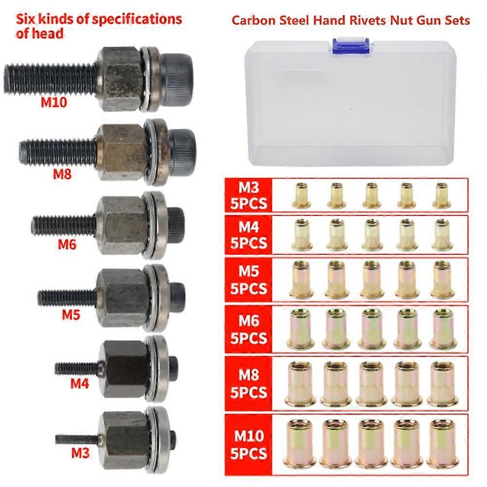 30Pcs/Set M3 M4 M5 M6 M8 M10 Hand Rivet Nut Tool Simple Installation Hand Riveter Tool Accessories Gun Head Nuts