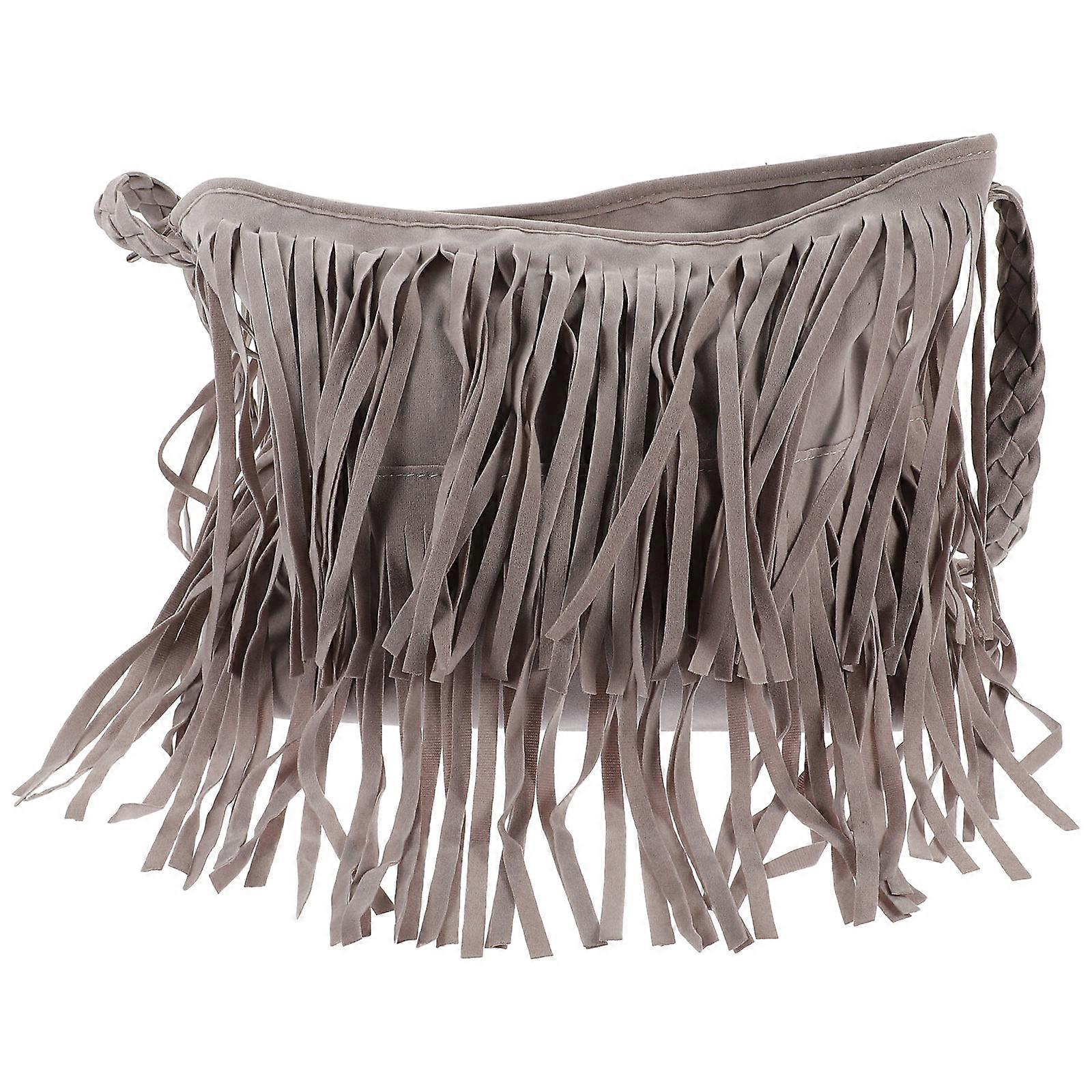 Grey Women Shoulder Bag with Tassel Design Made of Polyester Adjustable Strap for Traveling and Daily Use 10.5x6x2.5 Inches