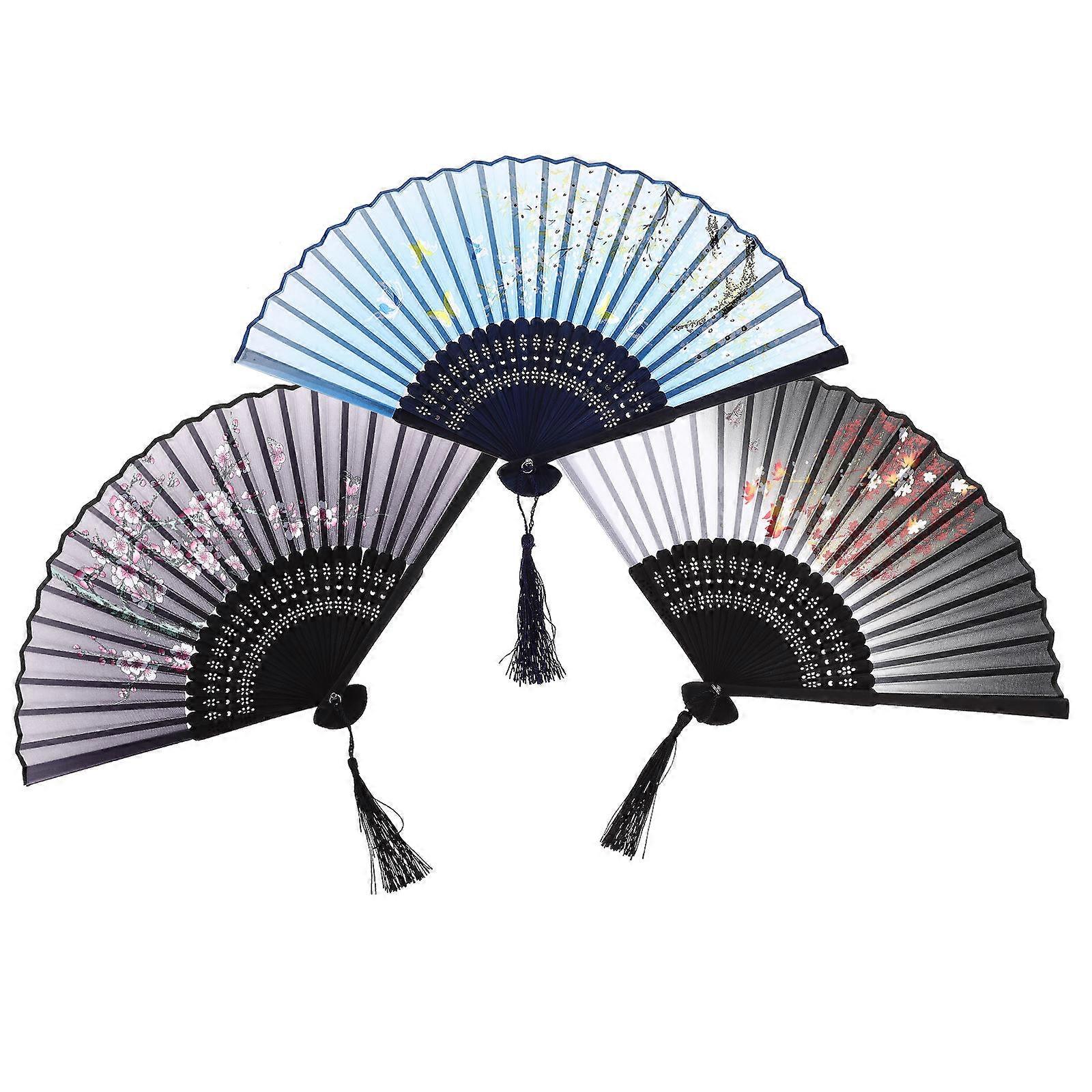 Folding Fan Traditional Hand Fan Bamboo Cloth Material Photography Prop Summer Travel 3Pcs