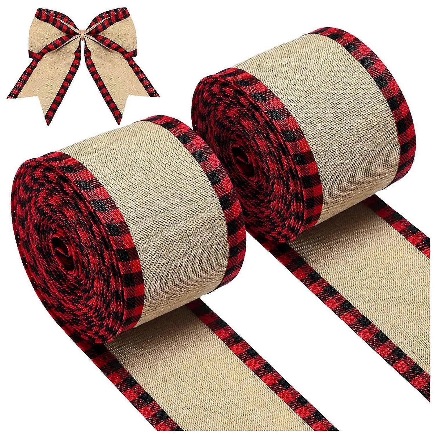 Wired Edge Ribbons Christmas Burlap Fabric Craft Ribbon Wrapping Ribbon with Checkered Edge Red