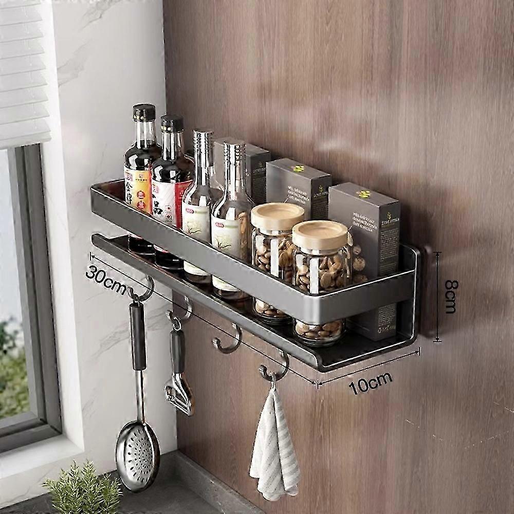 رف مطبخ 30 سم من الفولاذ الكربوني لتخزين التوابل في المطبخ، مثبت على الحائط بدون حفر، رف زجاجات التوابل مع خطافات