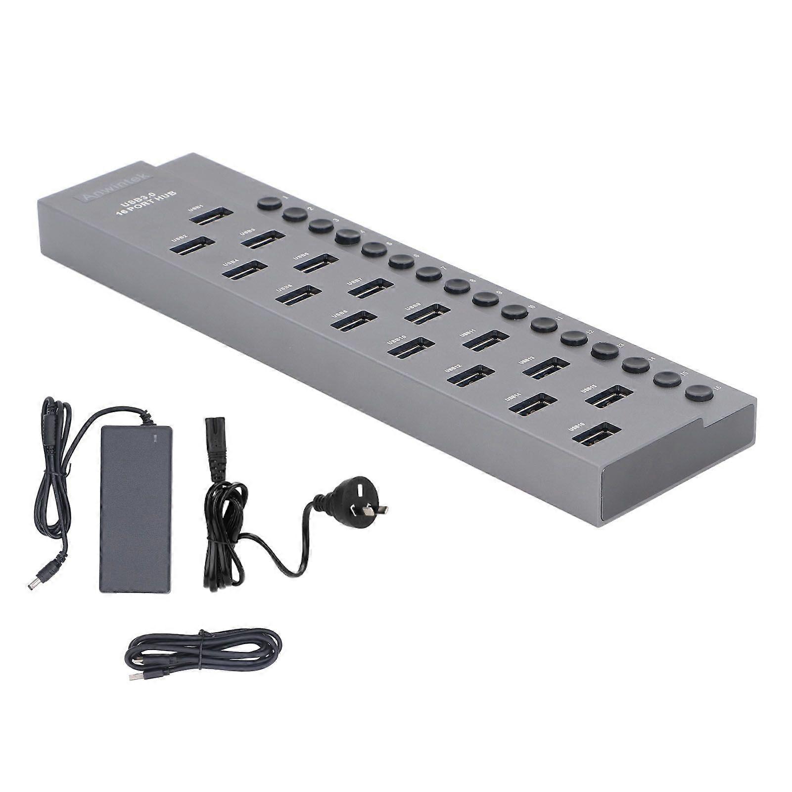 16 Ports USB 3.0 Hub 5Gbps High Speed Transmission Industrial Aluminum Alloy USB 3.0 Data Hub with Individual Power Switches 100240V AU Plug