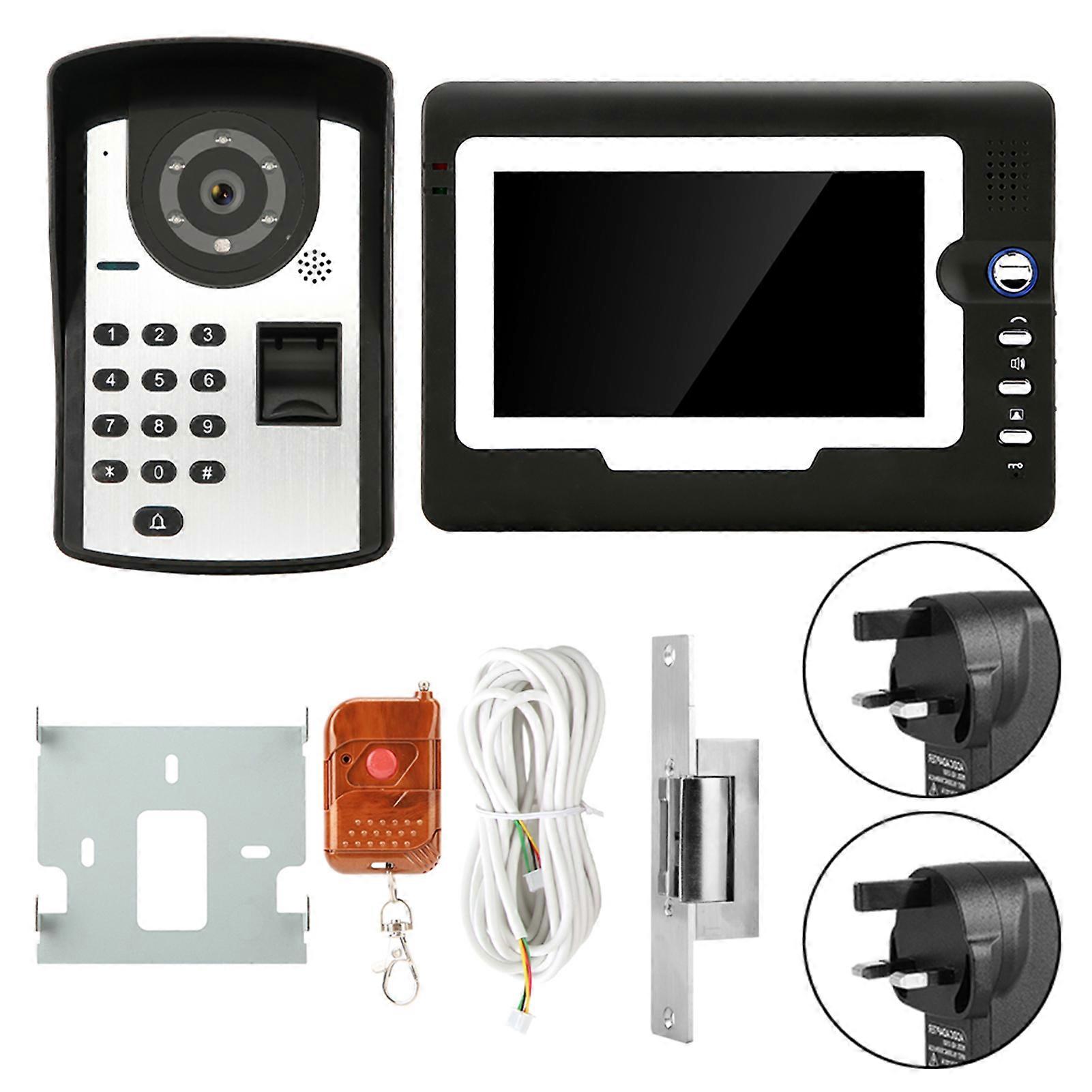 7in LCD Display Password Fingerprint Video Door Visual Intercom Doorbell UK Plug 110-240V
