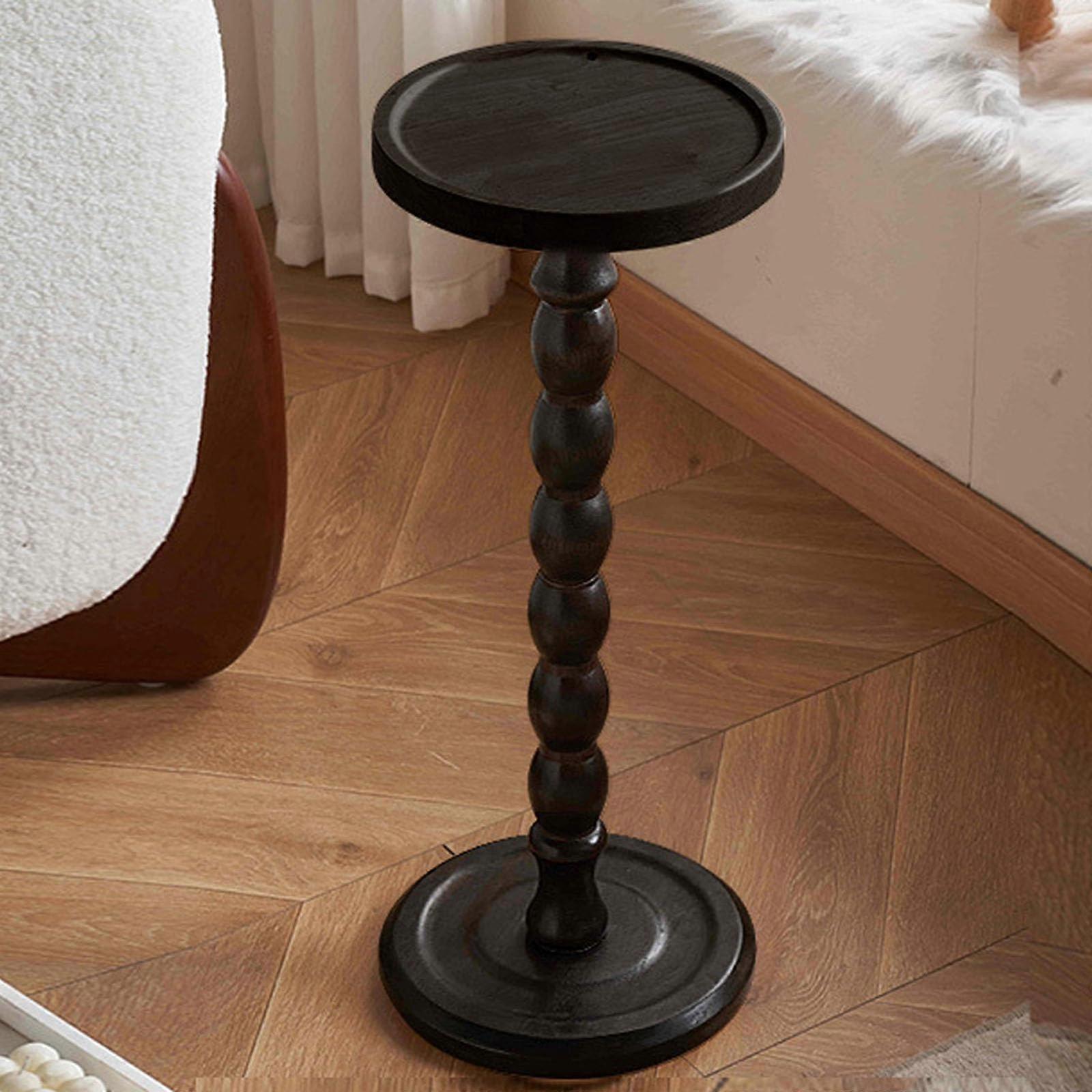 Small Drink Pedestal Side Table Solid Wood Retro Corner Table With Spherical Roman Columns Black Round For Small Spaces