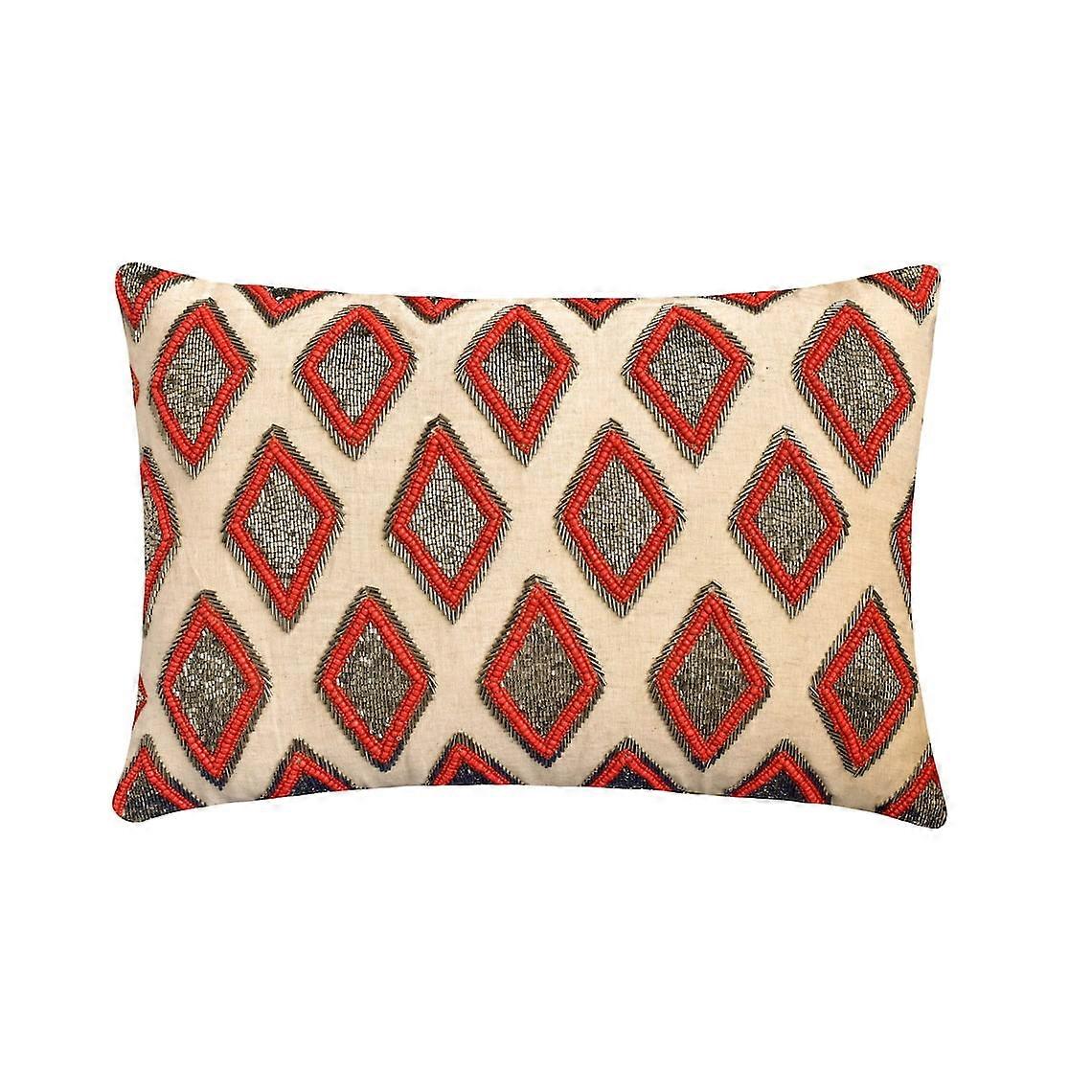 HomeCentric Red 12"x14" Lumbar Pillow Cover Set, Linen Beaded Geometric Pattern - Lozenge Red, 2-Pack