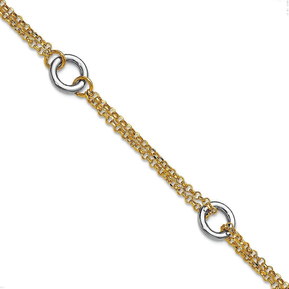 14k Solid Gold Two tone Gld Polish Sparkle Cut 2 strand Circle Link With 1 Inch Extension Br 7 Inch-Strand Bracelet for