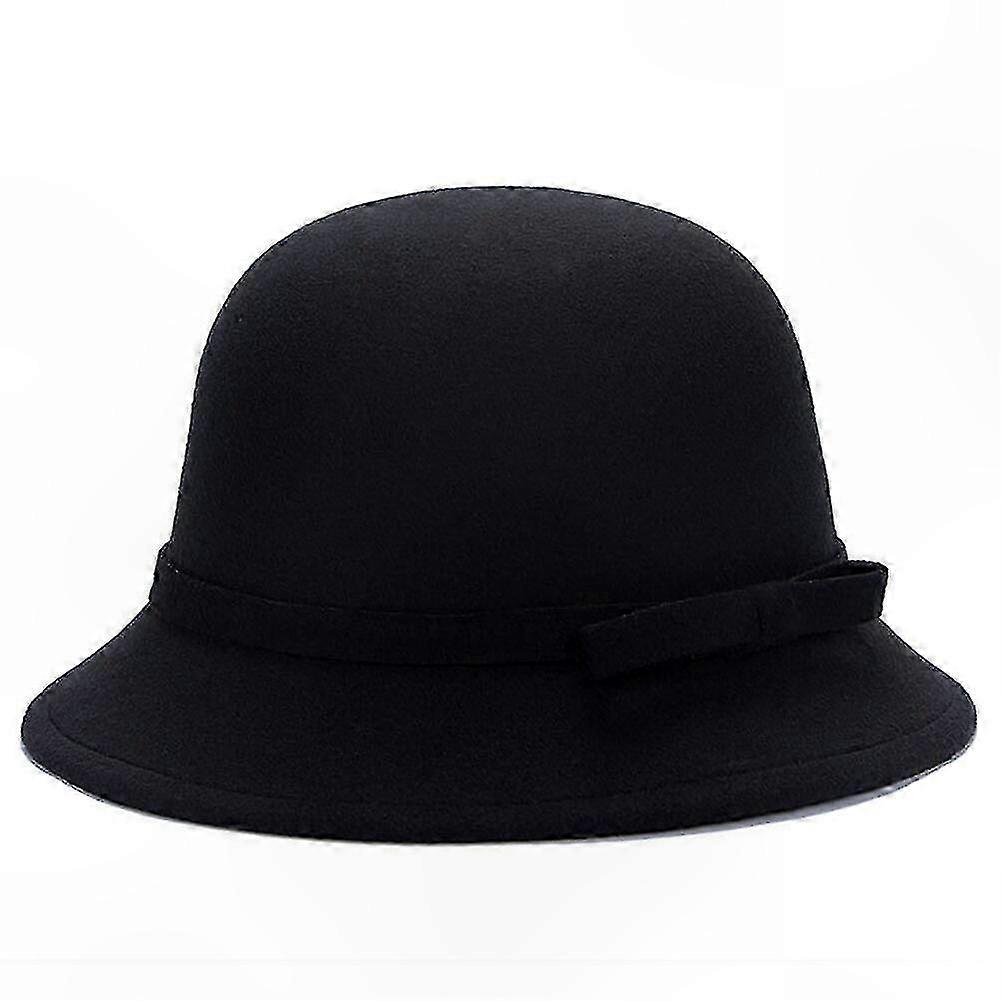 Klasyczny kapelusz typu cloche z filcu wełnianego dla kobiet – okrągły melonik fedora z kokardą