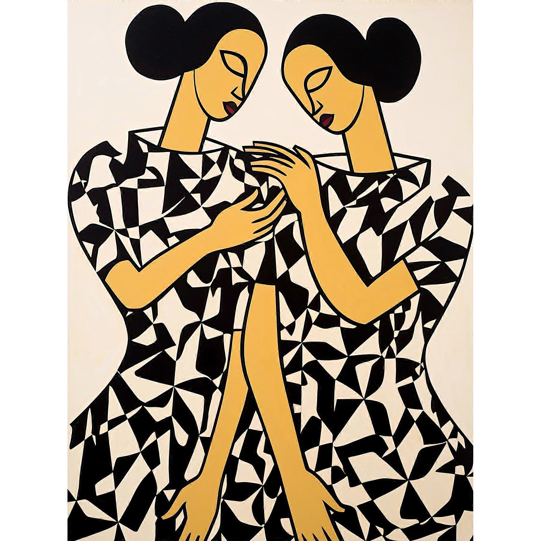 Women in Geometric Pattern Dresses Matisse Style Black Beige Sisters Geometric Large Wall Art   Print Thick Paper -yezhiaaa842