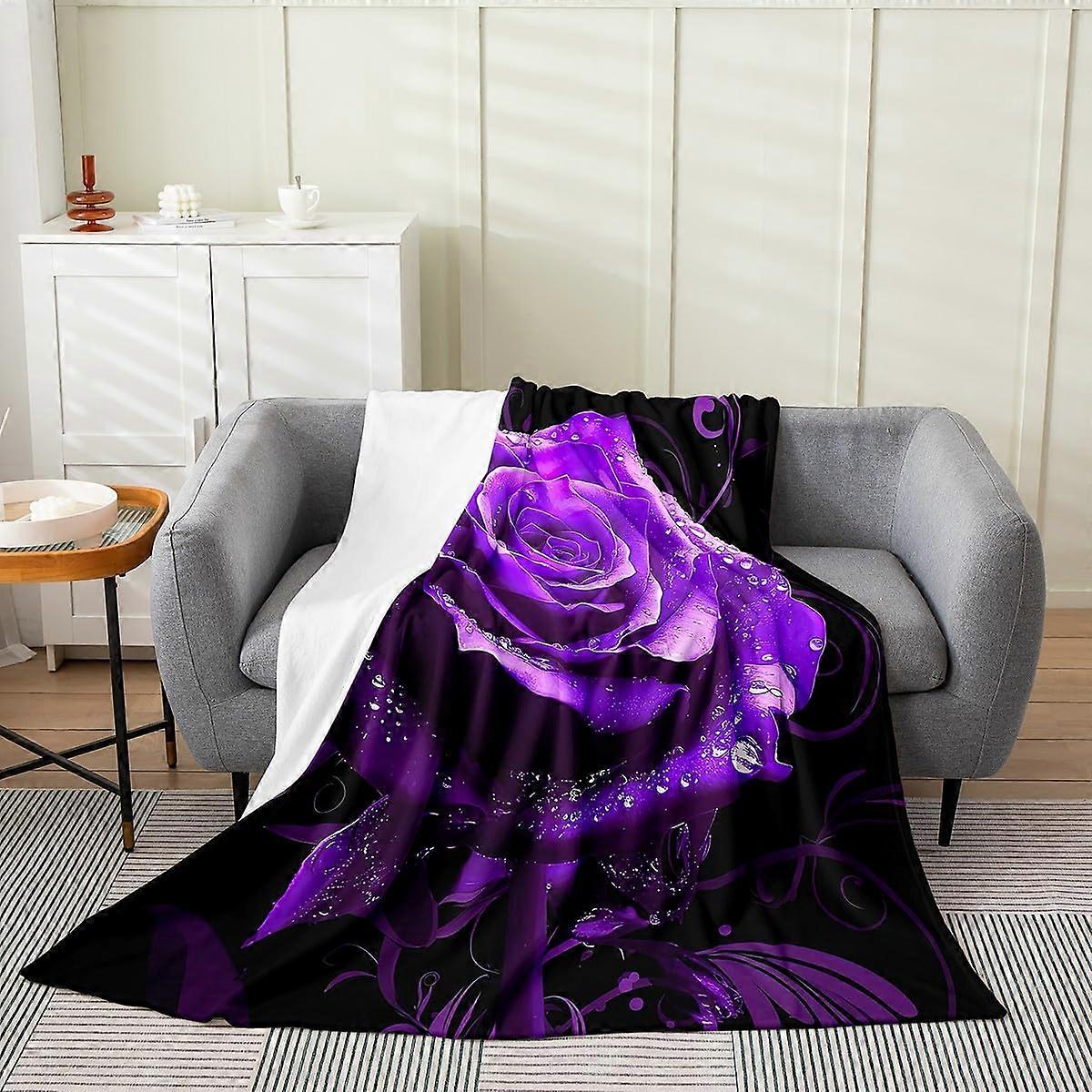 Purple Floral Fleece Blanket Twin Size, Ultra Soft Warm Boho Throw for Couch and Bed 60x80