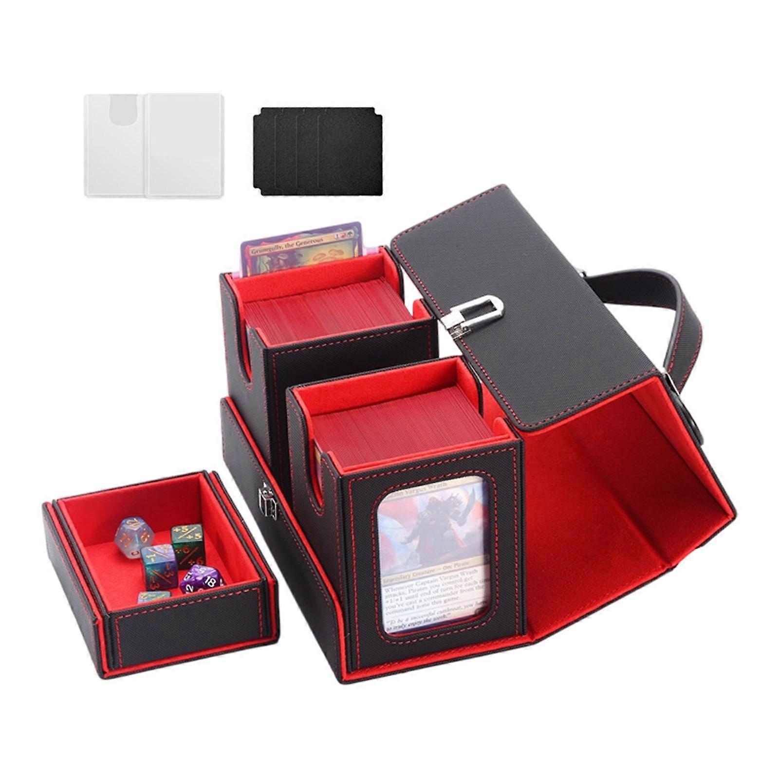 Stylish Minimalists Card Storage Box Waterproof PU Leather Portable Handle Large Capacity Organizers for Game Card  Red