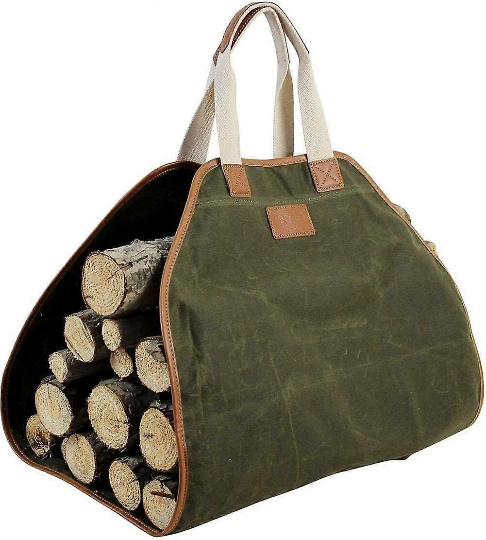 Firewood Carrier Waxed Canvas Log Tote Bag with Oversized Capacity and Leather Handles Green