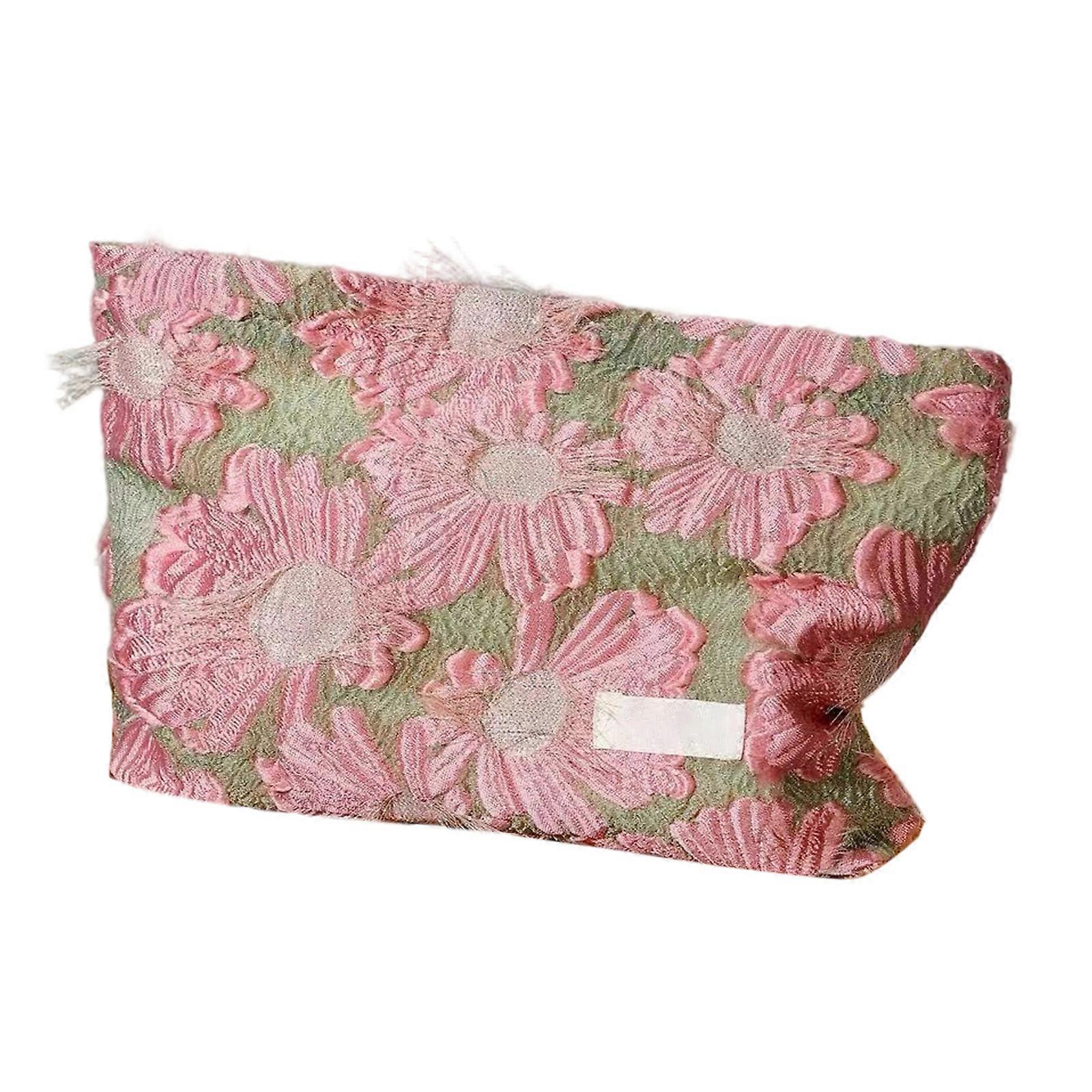 Compact Light Makeup Organizer Pink Floral Theme Multiple Pockets Zipper Access For Quick Beauty Organization  L