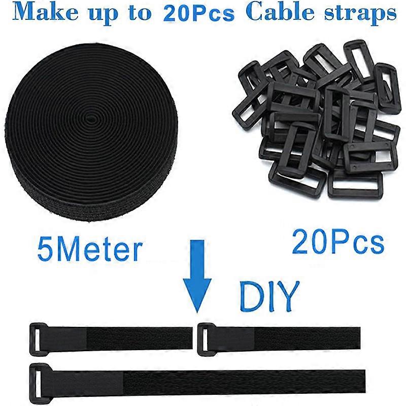 5Meterl Hook and Loop Straps with 20Pcs Buckles Adjustable Fastening Cable Straps Cut-to-Length Nylon Cinch Strap for Organizer